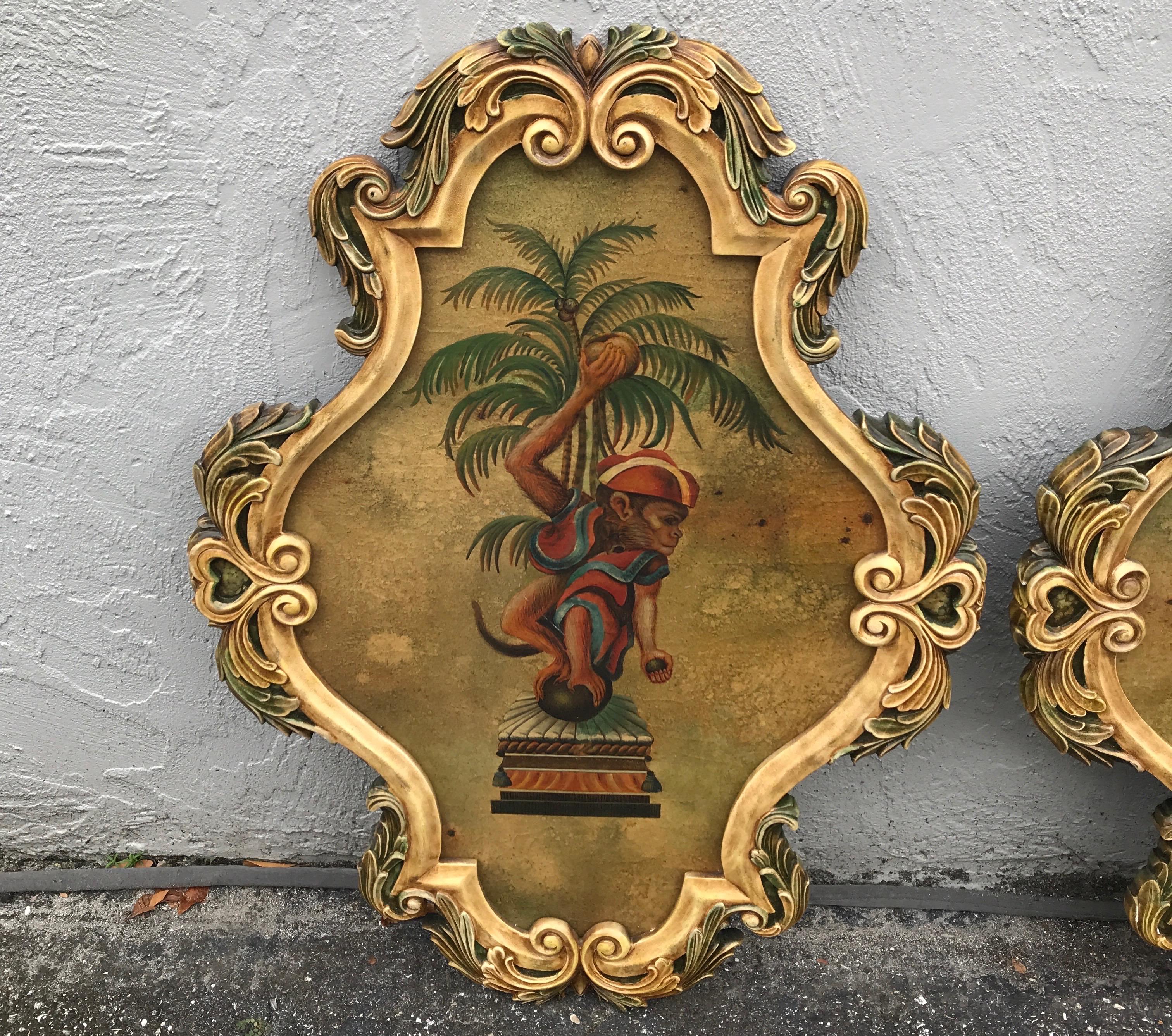 Pair of Painted Opposing Monkey & Palm Tree Wall Plaques 2