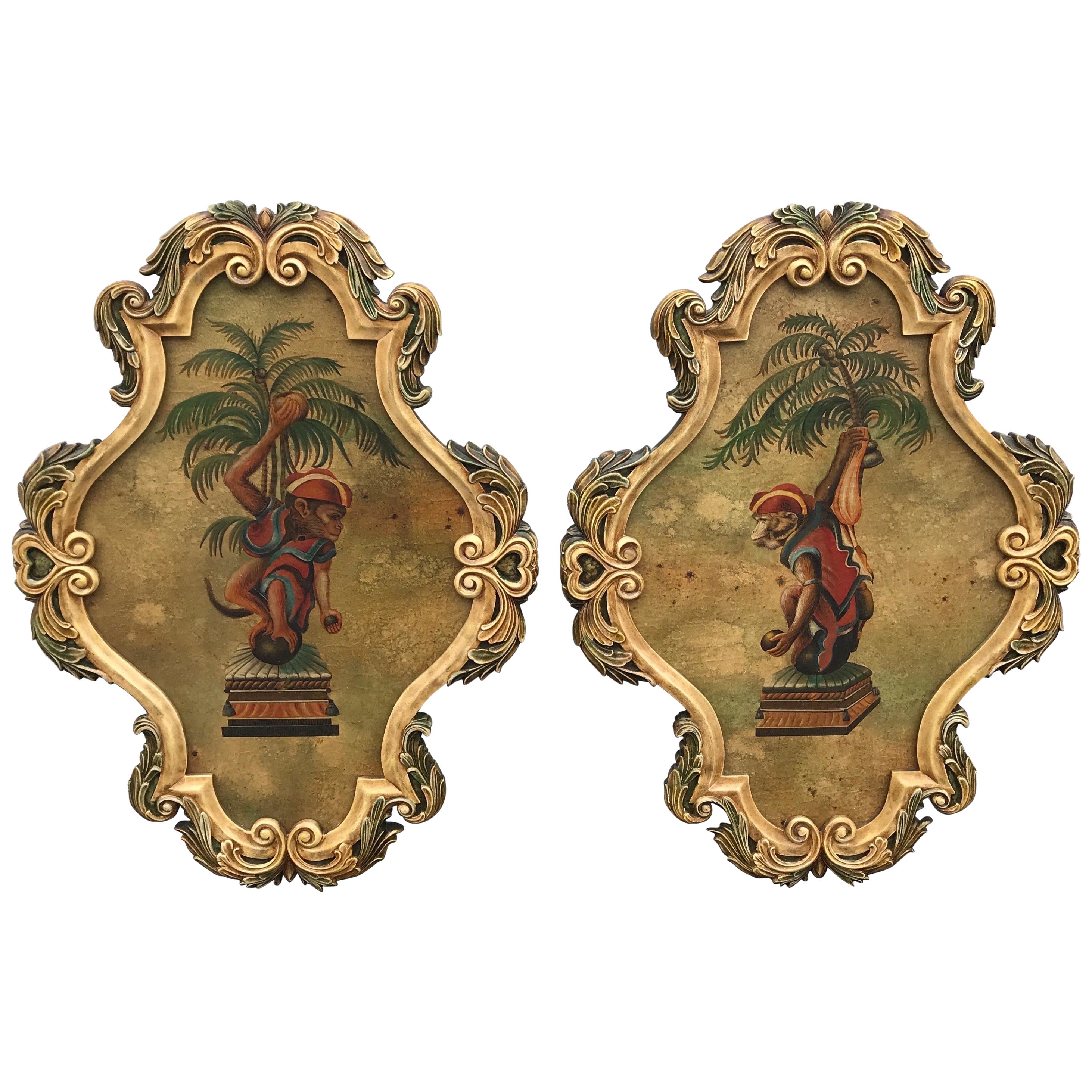 Pair of Painted Opposing Monkey & Palm Tree Wall Plaques