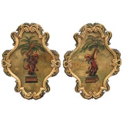 Pair of Painted Opposing Monkey 
Palm Tree Wall Plaques