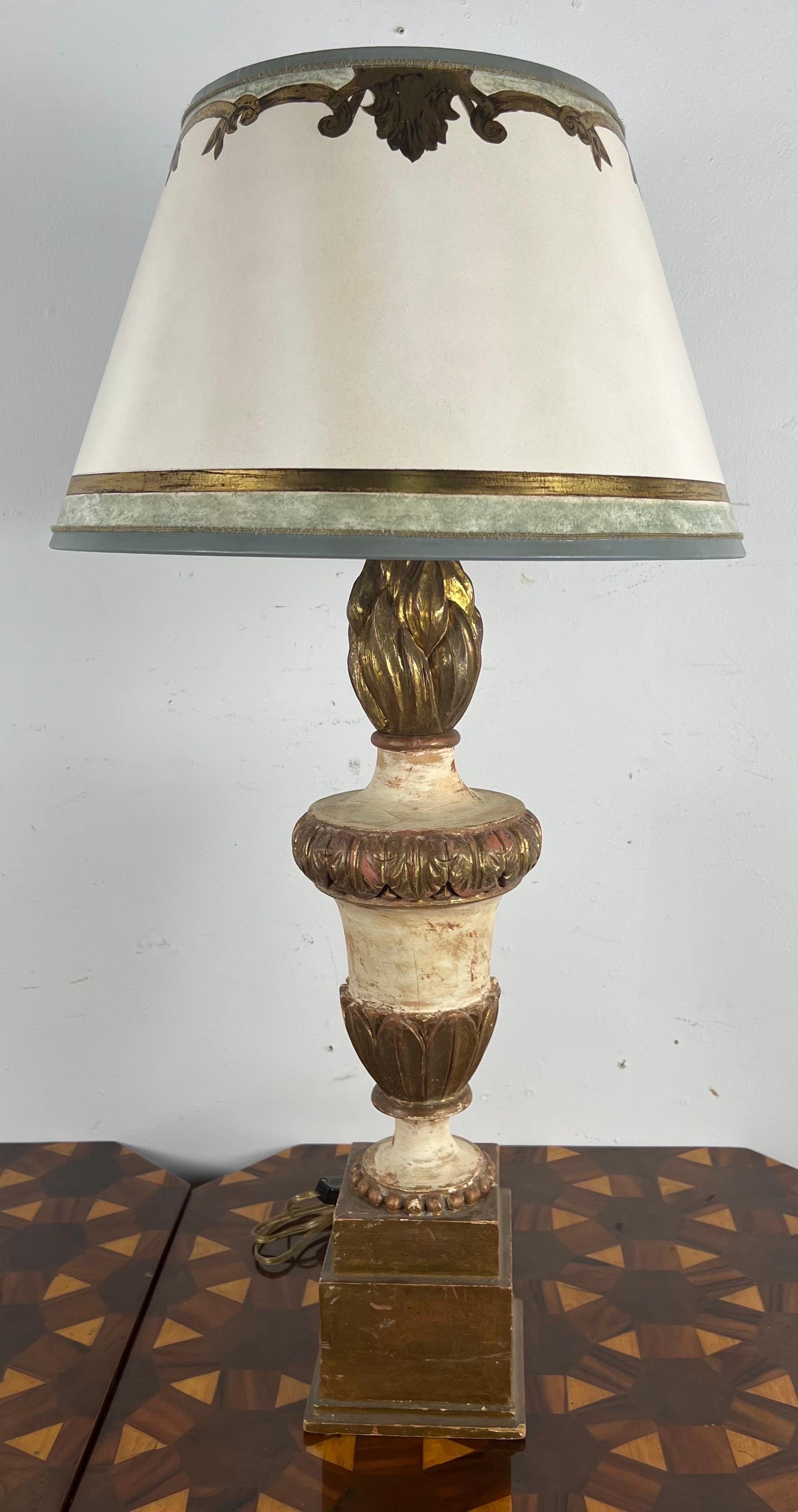 Pair of Painted & Parcel Gilt Carved Flame Lamps w/ Parchment Shades For Sale 2