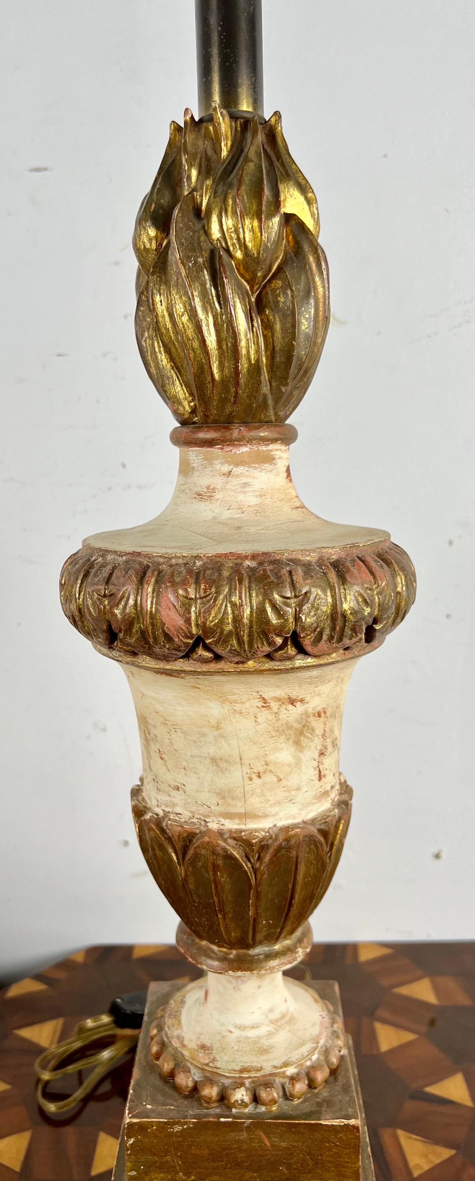 Pair of Painted & Parcel Gilt Carved Flame Lamps w/ Parchment Shades For Sale 6