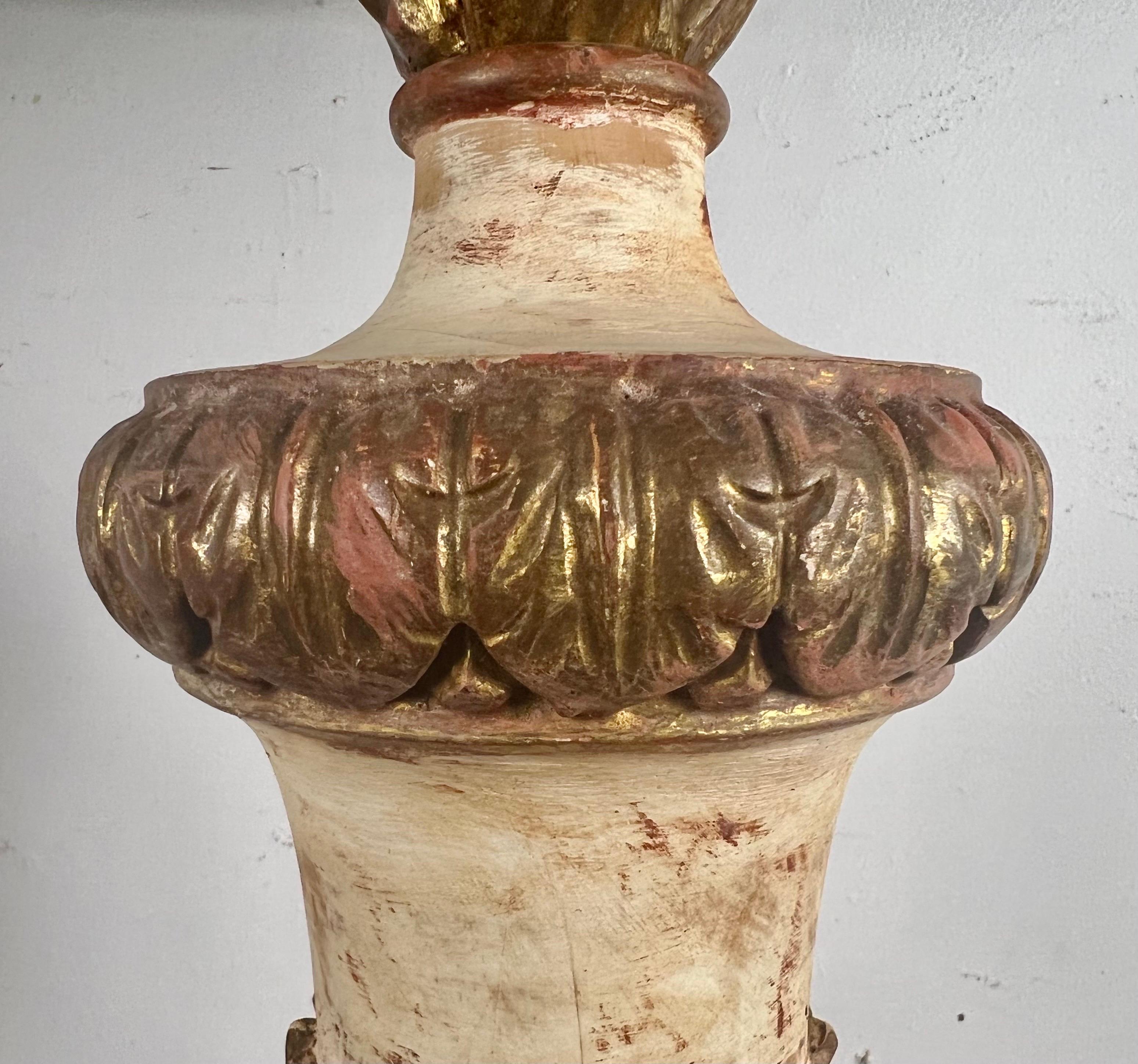 Italian Pair of Painted & Parcel Gilt Carved Flame Lamps w/ Parchment Shades For Sale