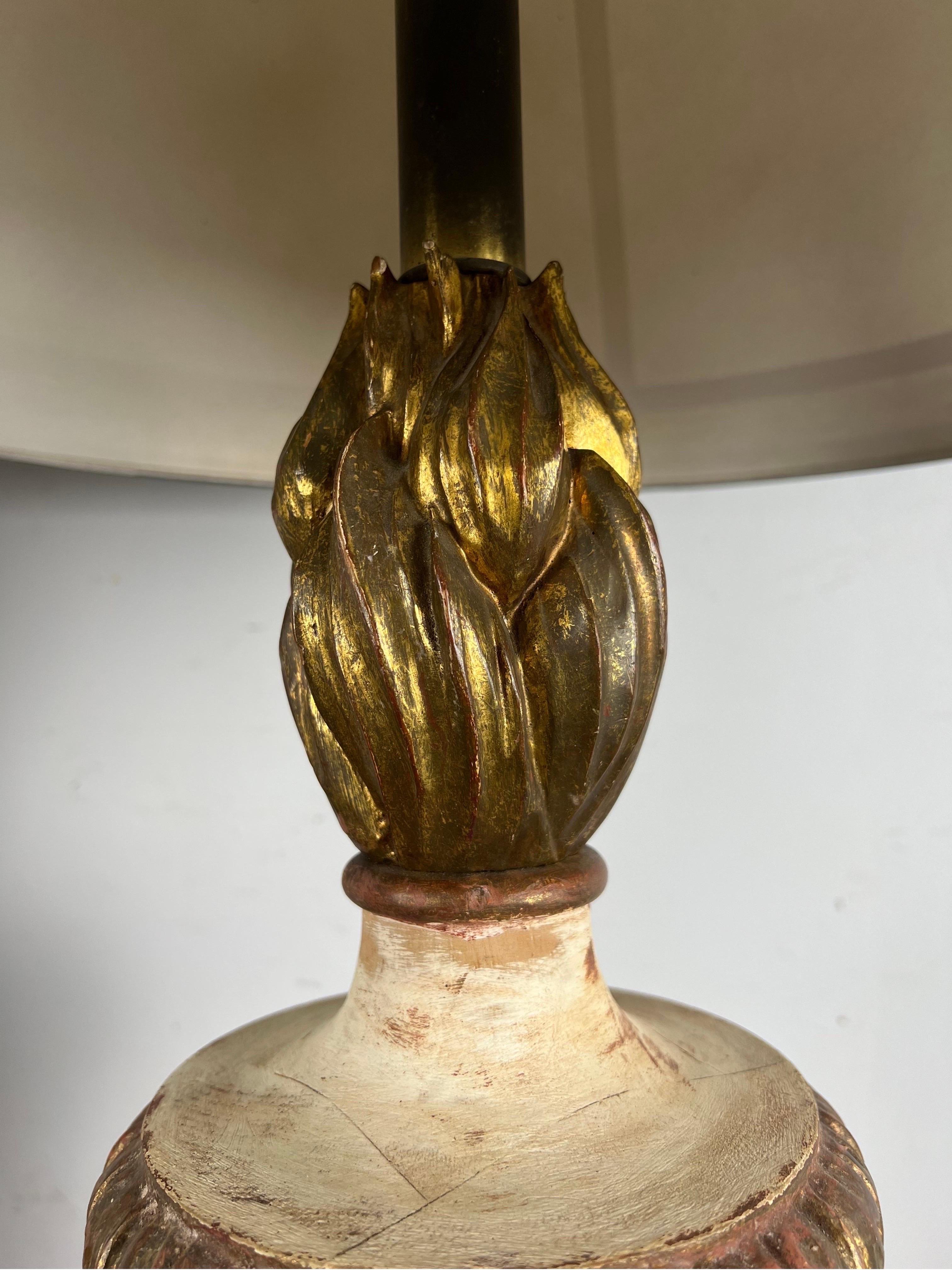 Hand-Painted Pair of Painted & Parcel Gilt Carved Flame Lamps w/ Parchment Shades For Sale