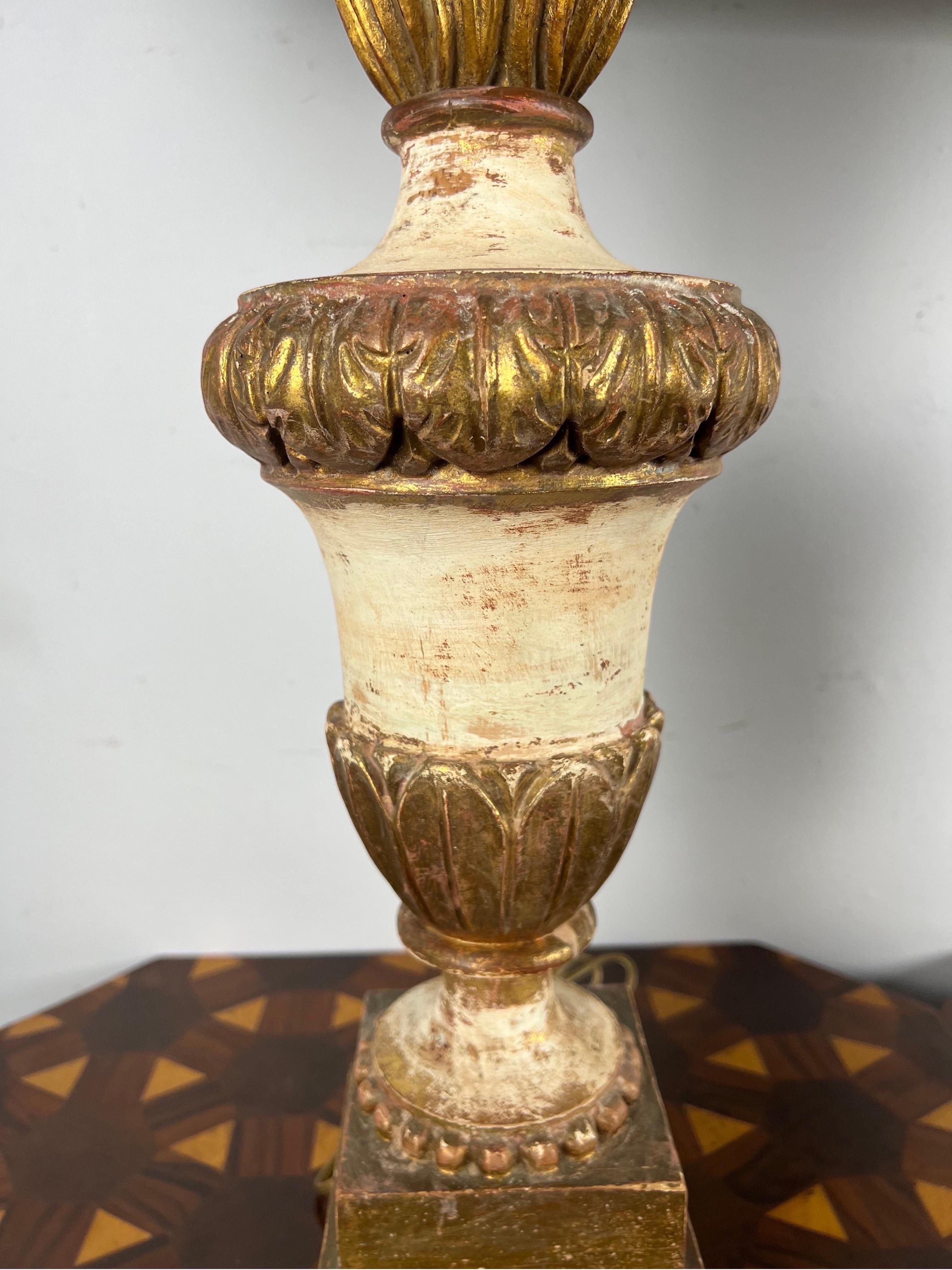 19th Century Pair of Painted & Parcel Gilt Carved Flame Lamps w/ Parchment Shades For Sale