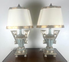 Italian Neoclassical Urn Lamps, Grayish Blue & Silver, 20th Century