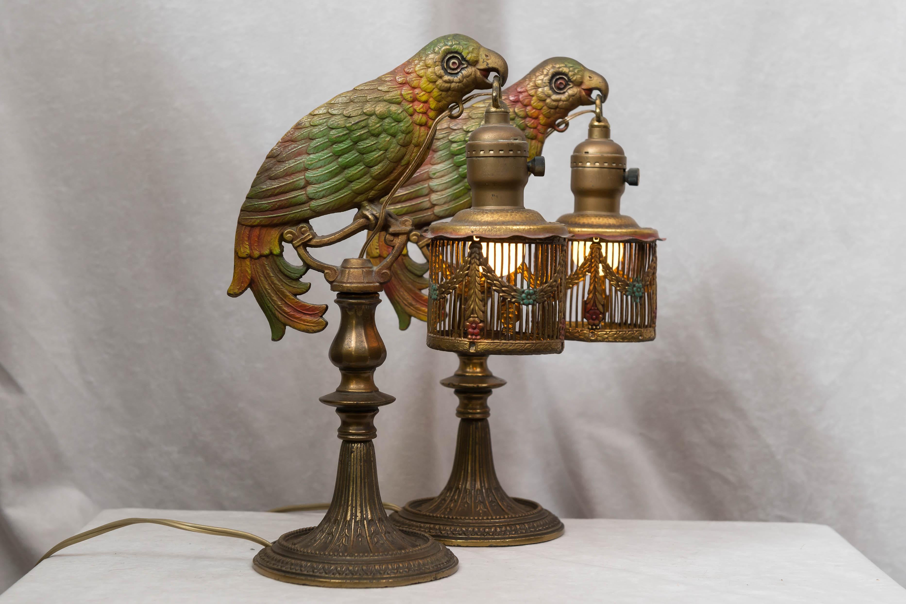 Early 20th Century Pair of Painted Parrot Lamps, circa 1920s