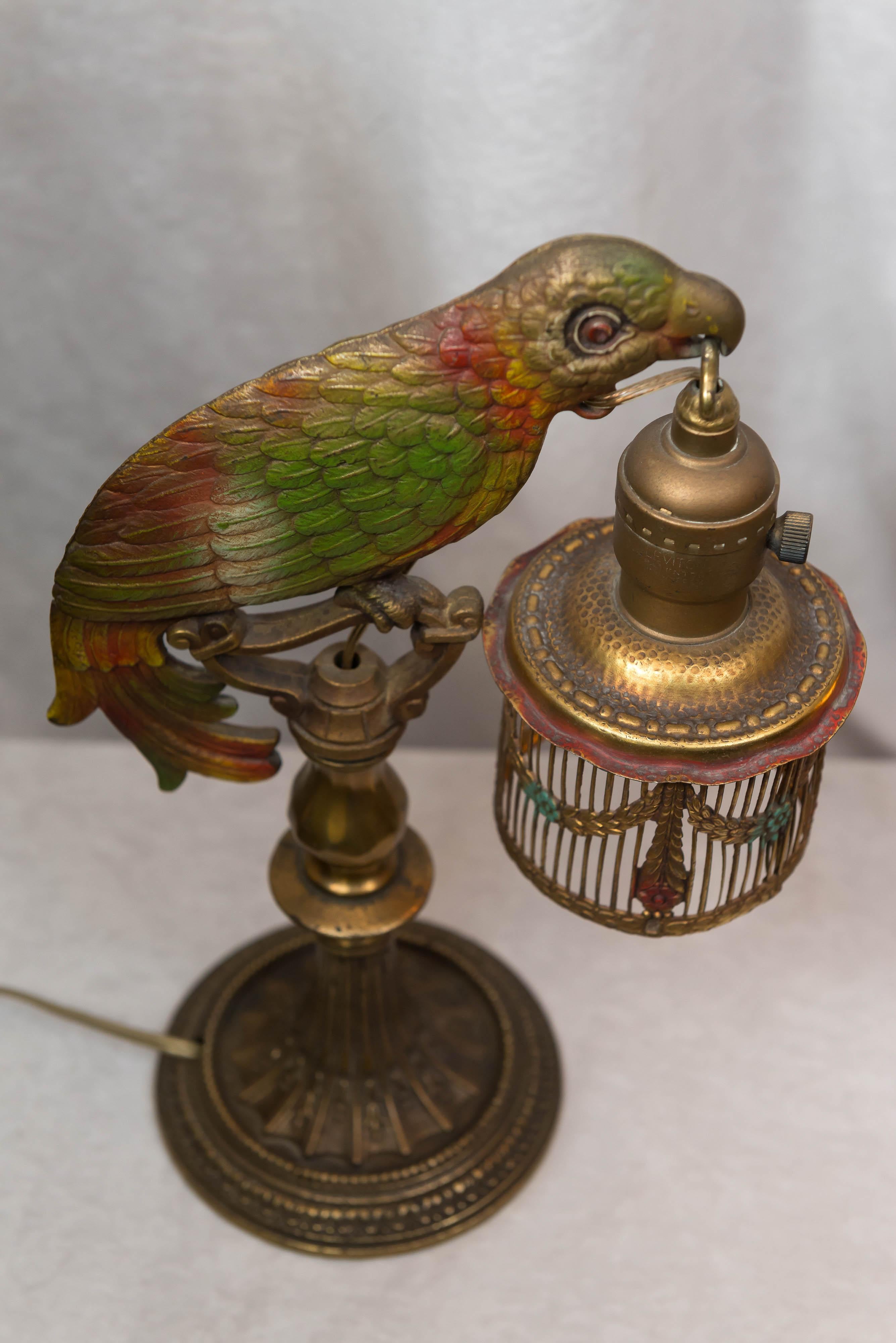 Art Deco Pair of Painted Parrot Lamps, circa 1920s