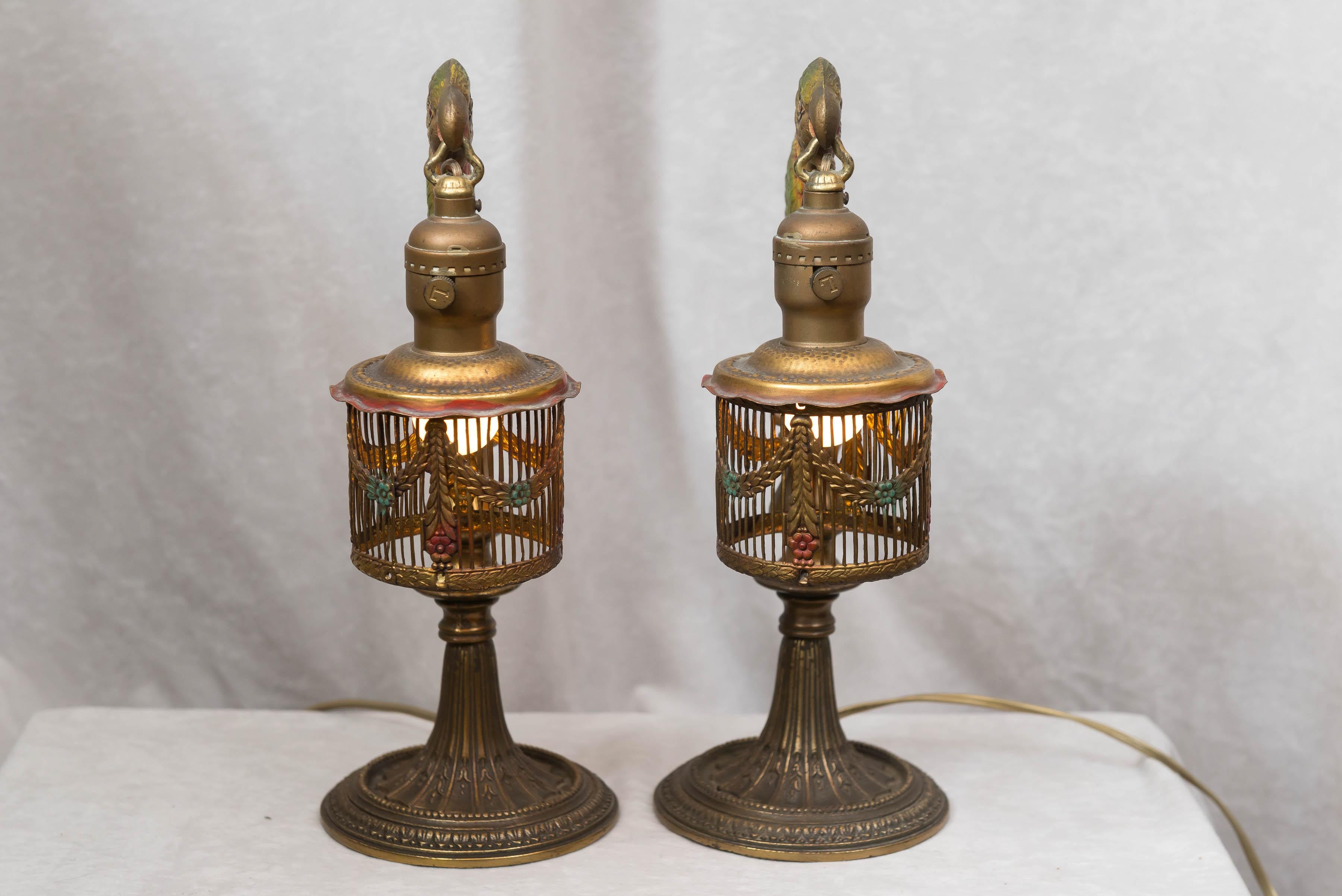 American Pair of Painted Parrot Lamps, circa 1920s