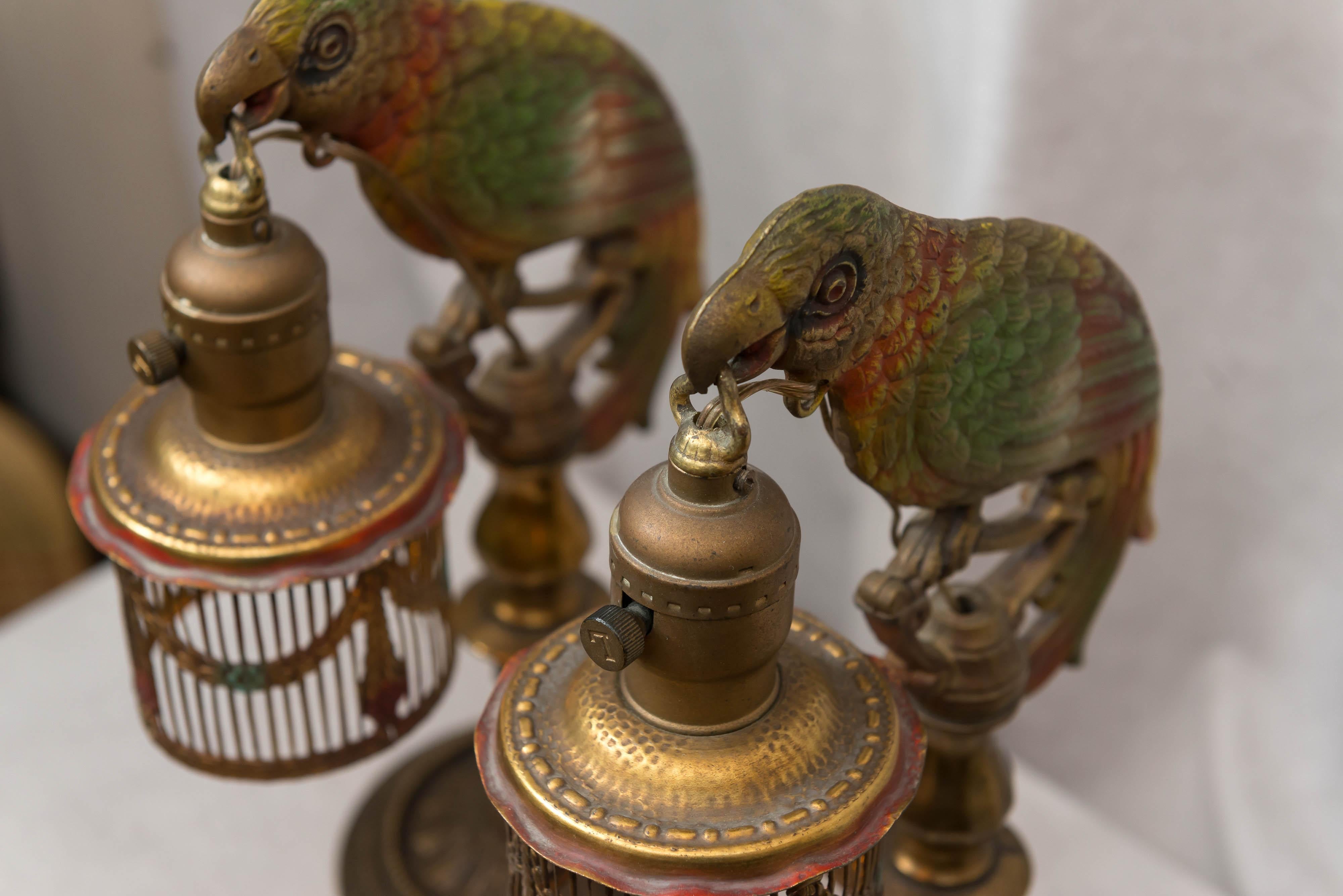 Cold-Painted Pair of Painted Parrot Lamps, circa 1920s