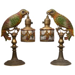 Antique Pair of Painted Parrot Lamps, circa 1920s