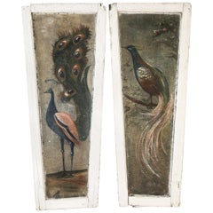 Antique Pair of Painted Peacock  Panels