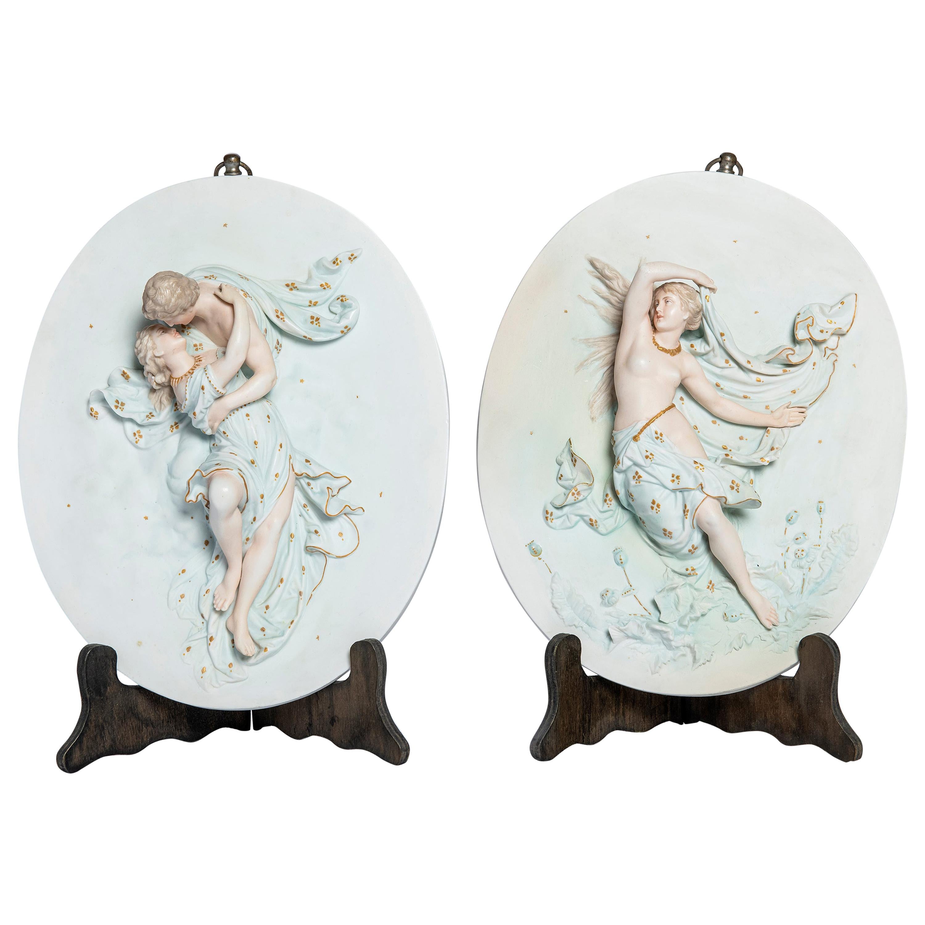 Pair of Painted Porcelain Plaques, Art Nouveau Period, France, Late 19th Century For Sale