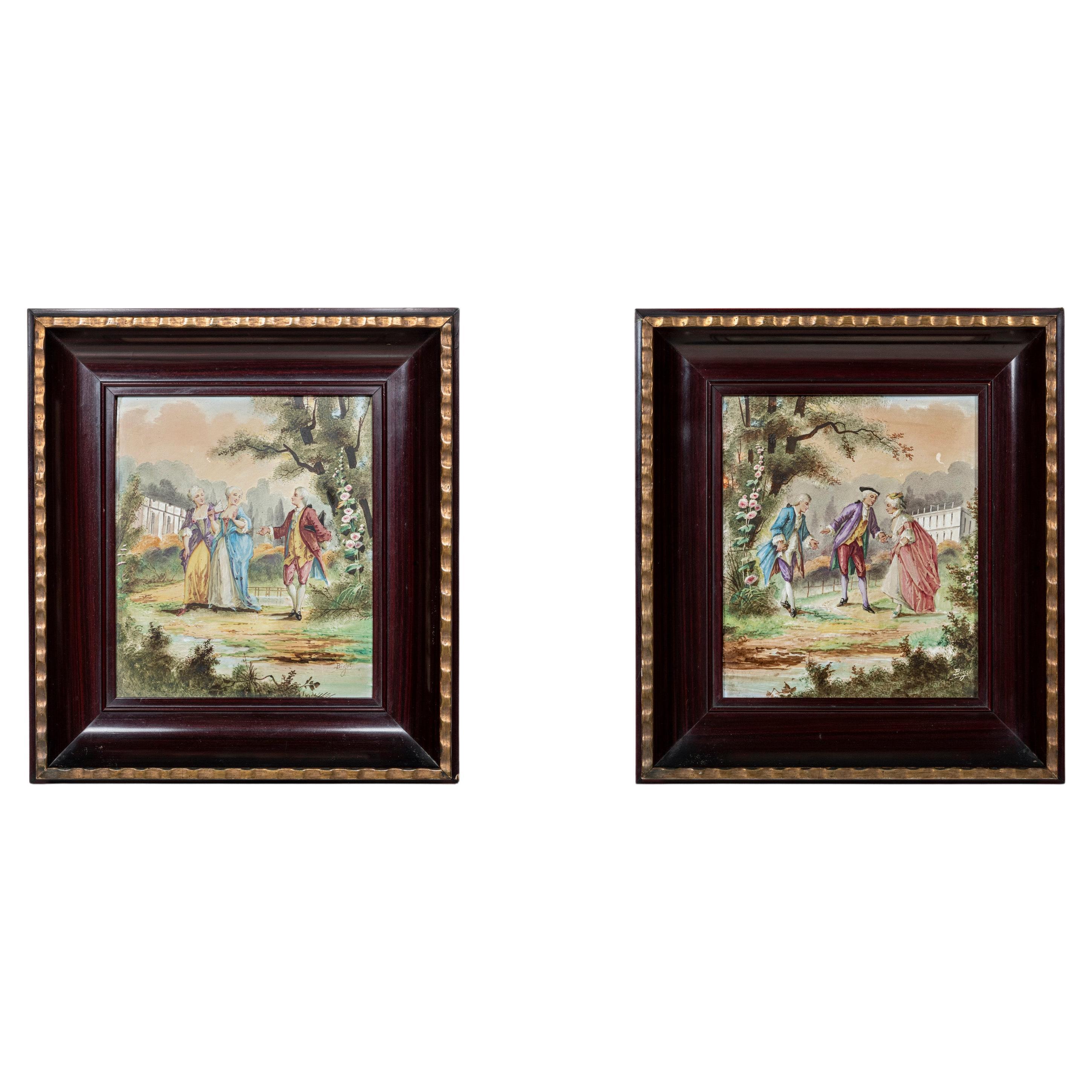 Pair of painted porcelain plaques signed Bigot, France, late 19th century.