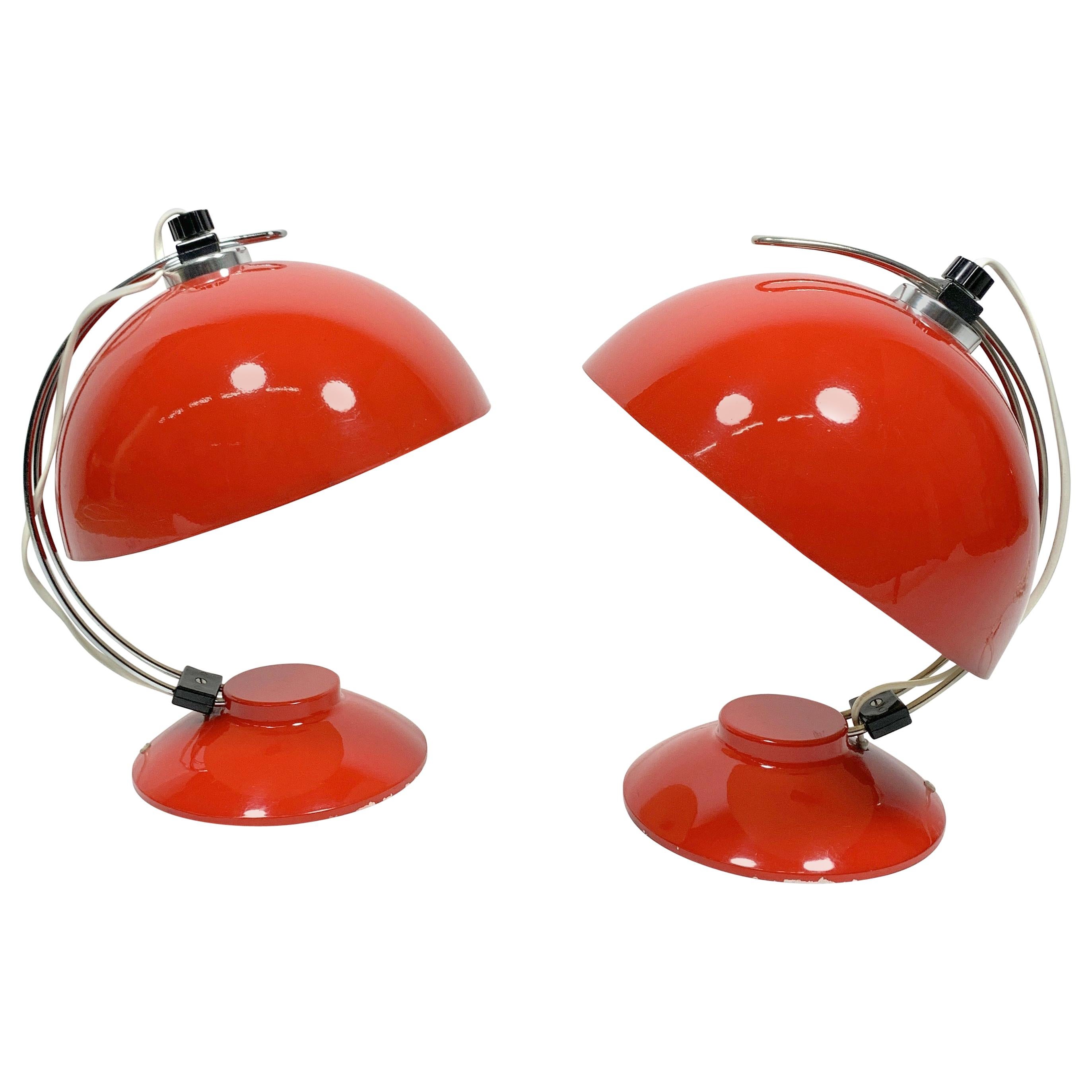 Pair of Painted Red Space Age Lamps, 1960s-1970s