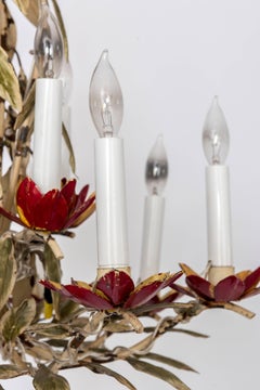 Pair of Painted Red Tole Chandeliers in Leaf Motif