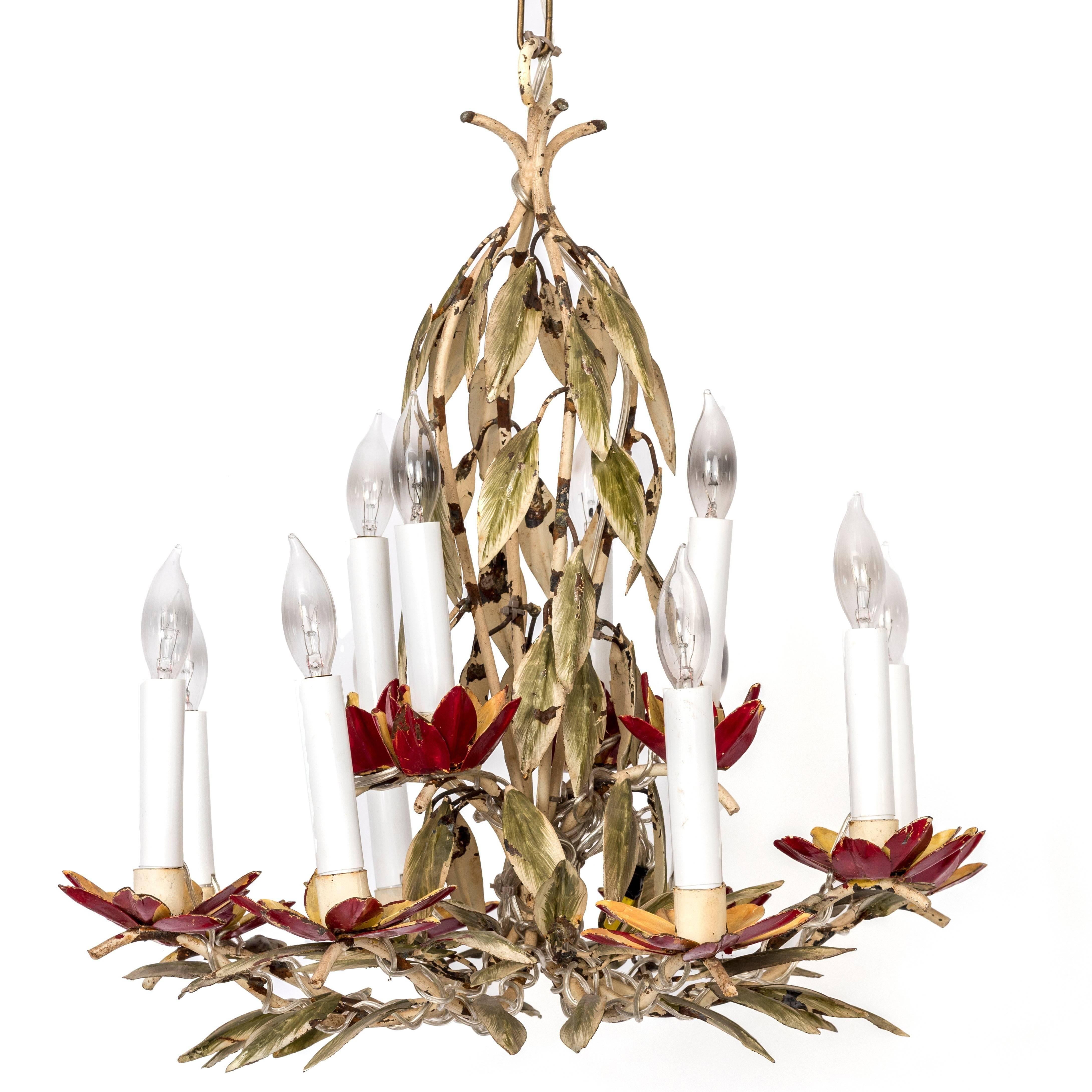 Pair of Painted Red Tole Chandeliers in Leaf Motif For Sale