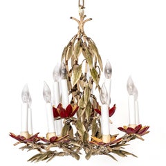 Vintage Pair of Painted Red Tole Chandeliers in Leaf Motif