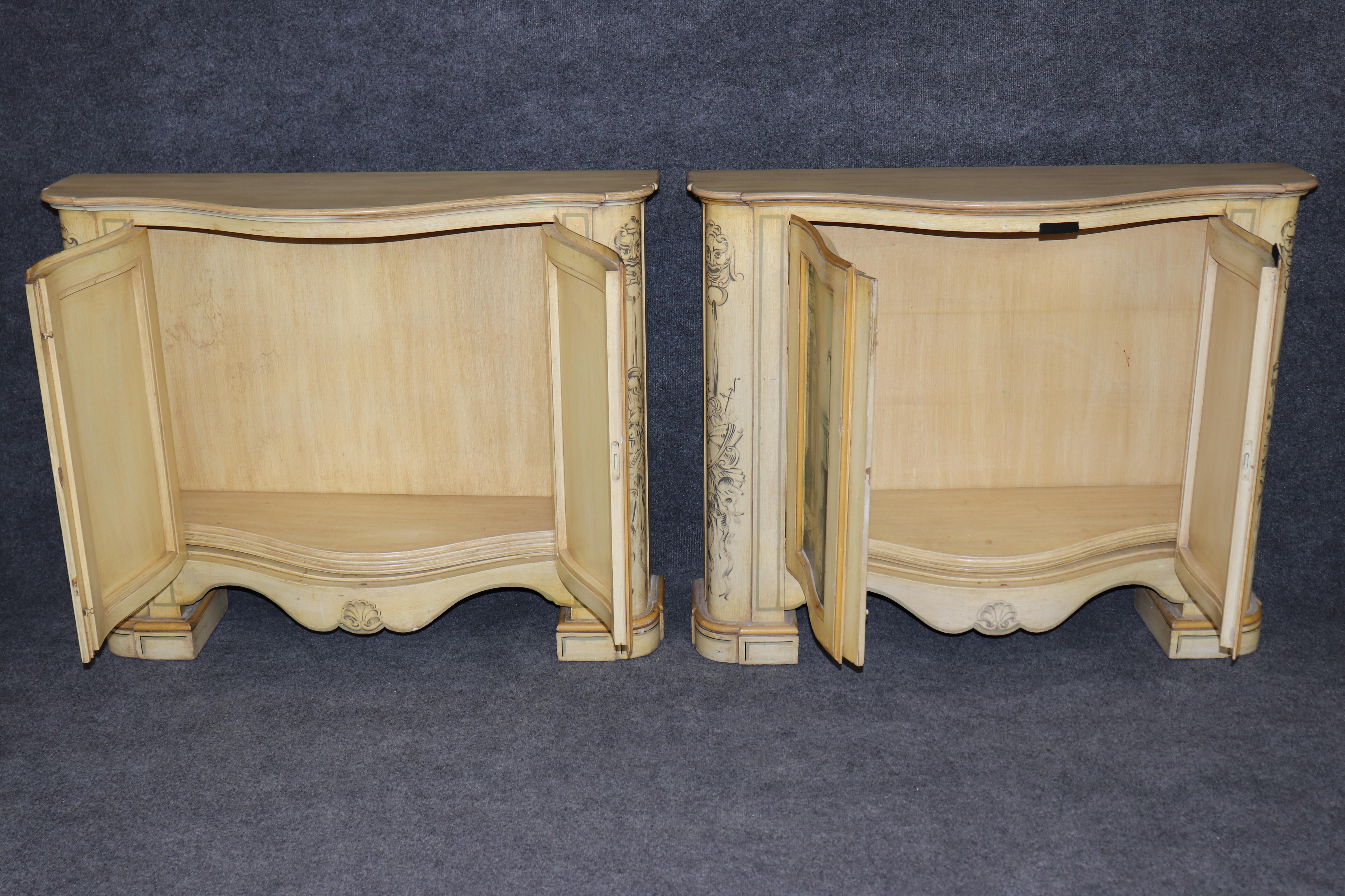 These gorgeous cabinets feature beautifully hand-painted scenery and a pair of shelves inside stacked on top of each other, but rest assured they are there. The cabinets are very shallow and can be used anywhere. They look exactly like other
