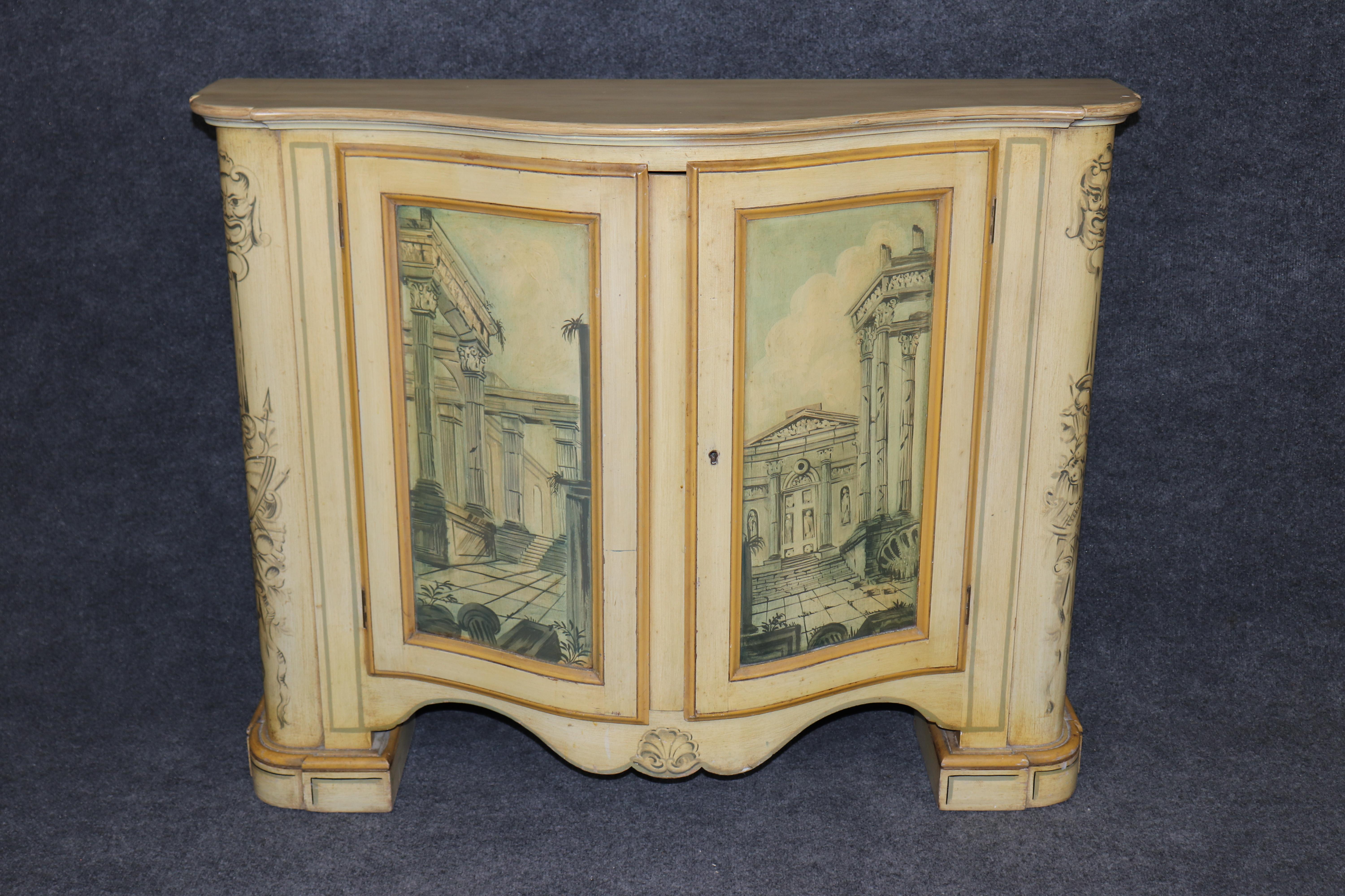 Neoclassical Revival Pair of Painted Roman Scenery Shallow Depth Side Cabinets Console Tables For Sale
