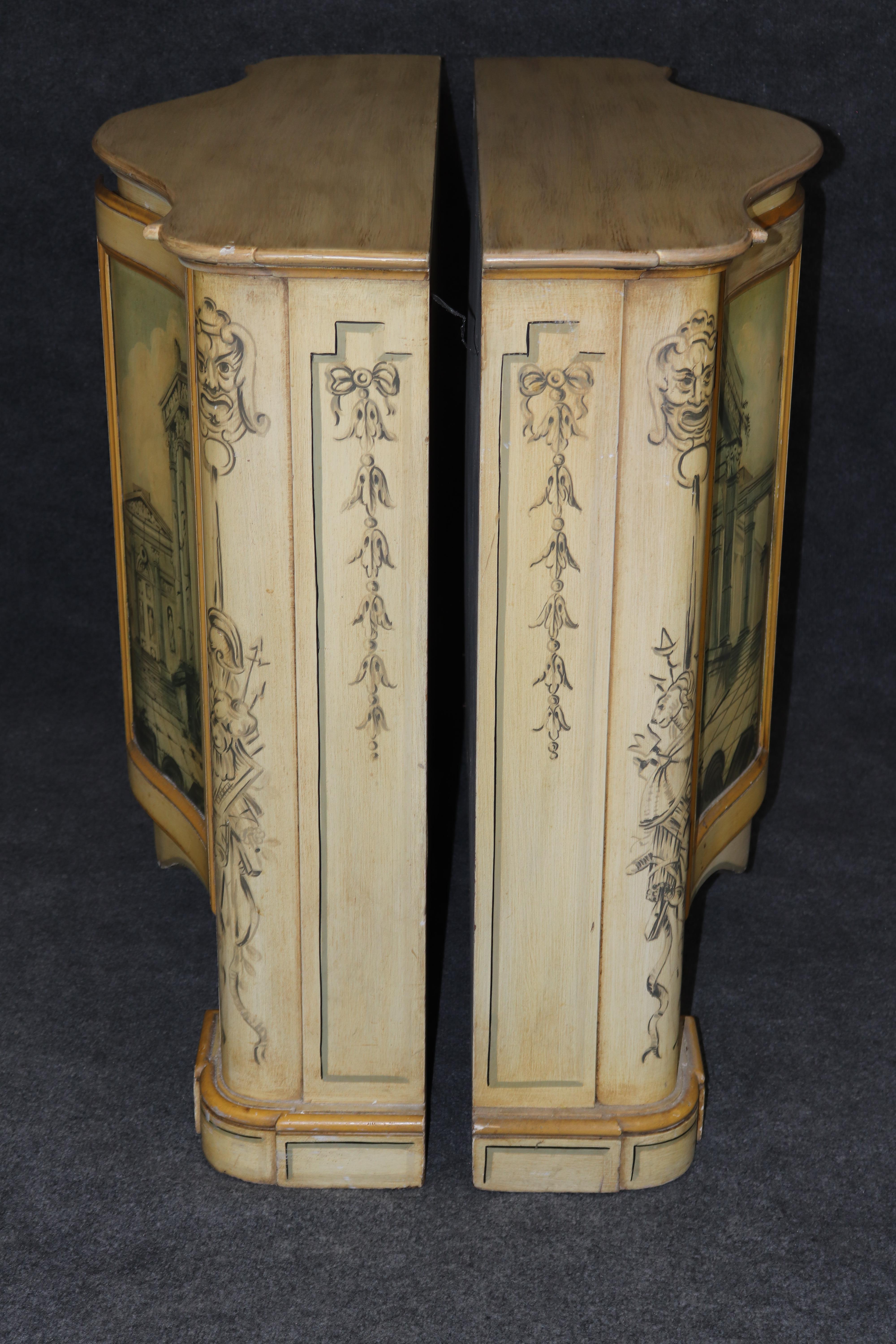 American Pair of Painted Roman Scenery Shallow Depth Side Cabinets Console Tables For Sale