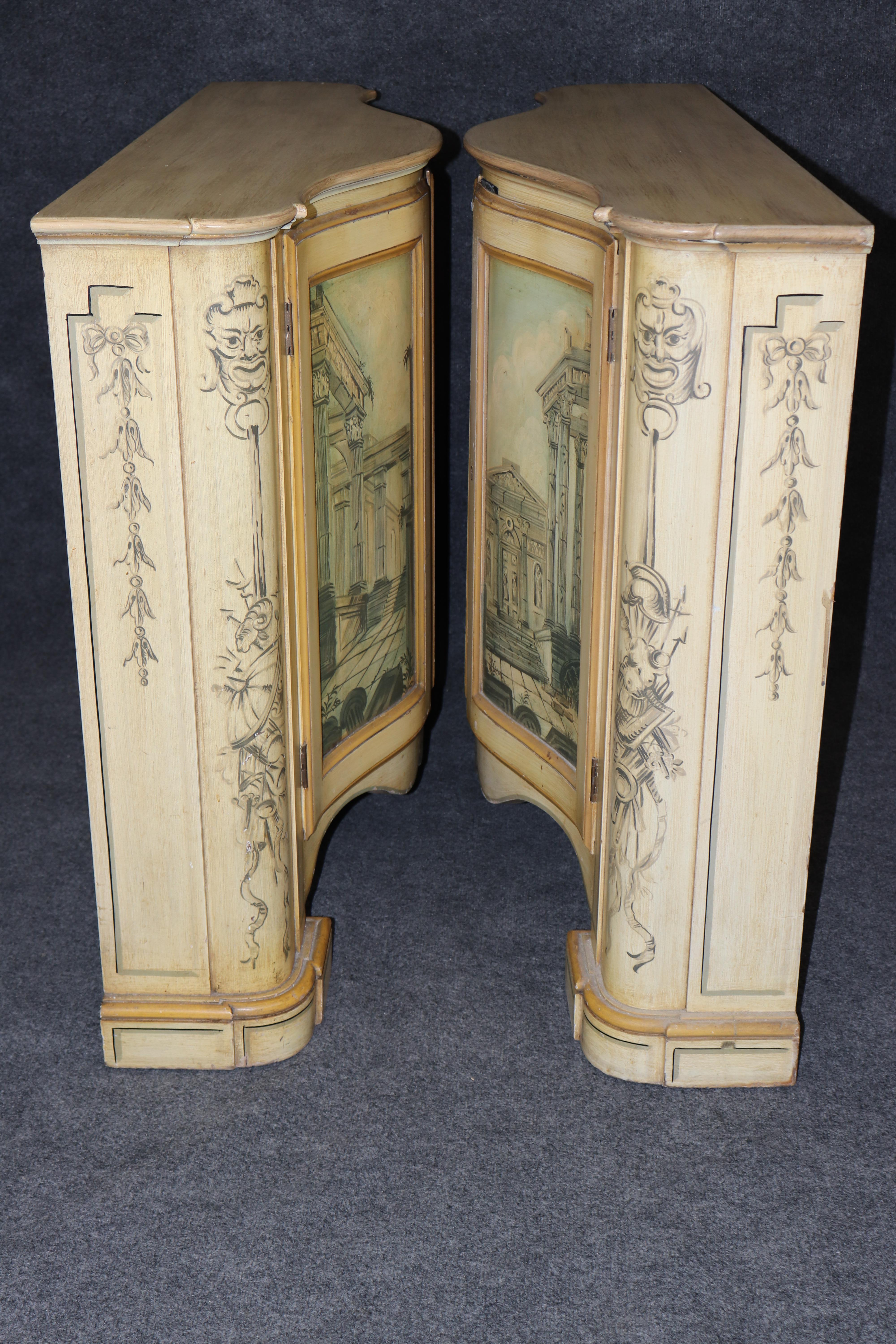 Pair of Painted Roman Scenery Shallow Depth Side Cabinets Console Tables In Good Condition For Sale In Swedesboro, NJ