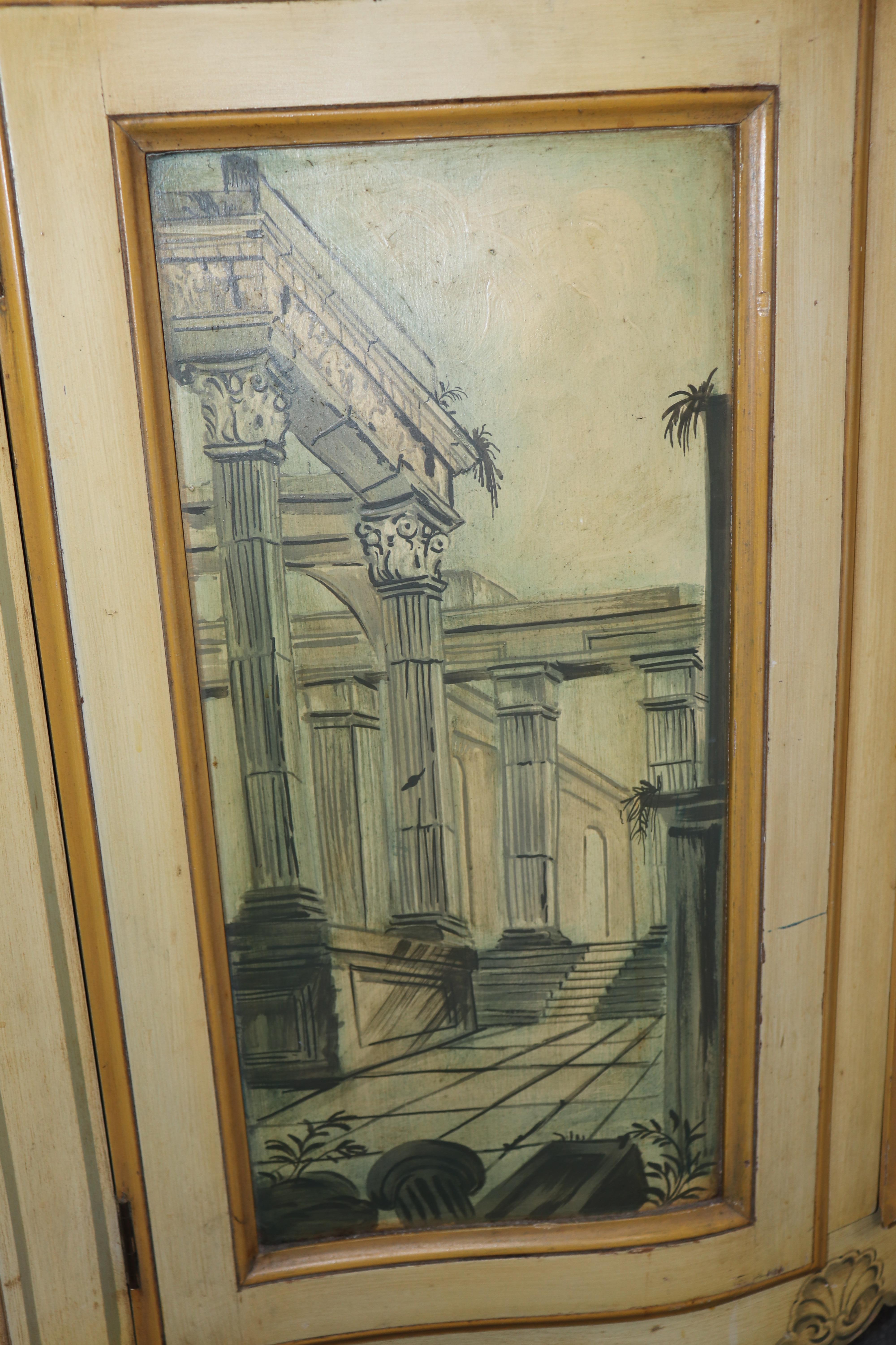 Pair of Painted Roman Scenery Shallow Depth Side Cabinets Console Tables For Sale 1