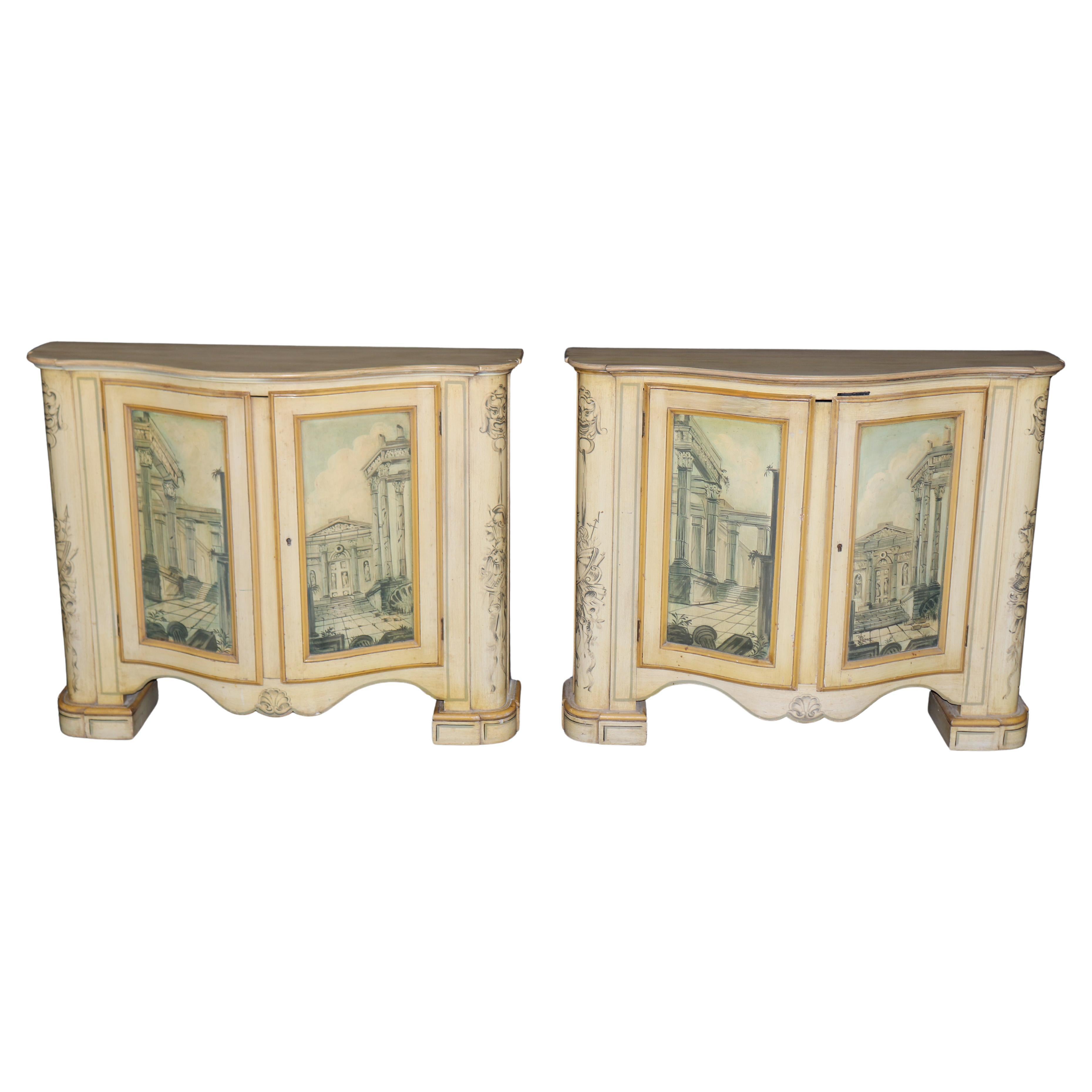 Pair of Painted Roman Scenery Shallow Depth Side Cabinets Console Tables For Sale