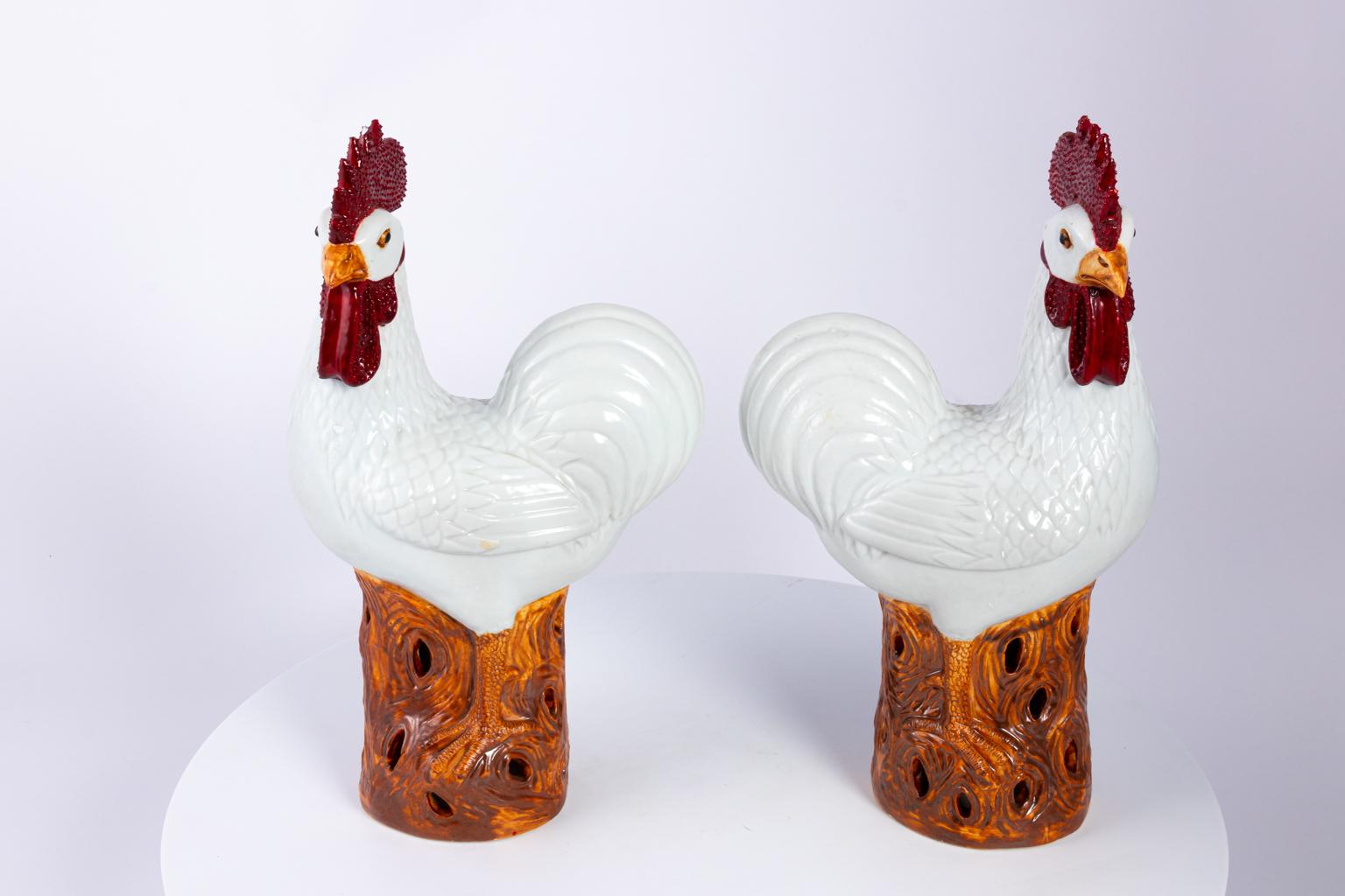 Qing Pair of Painted Rooster Statues For Sale