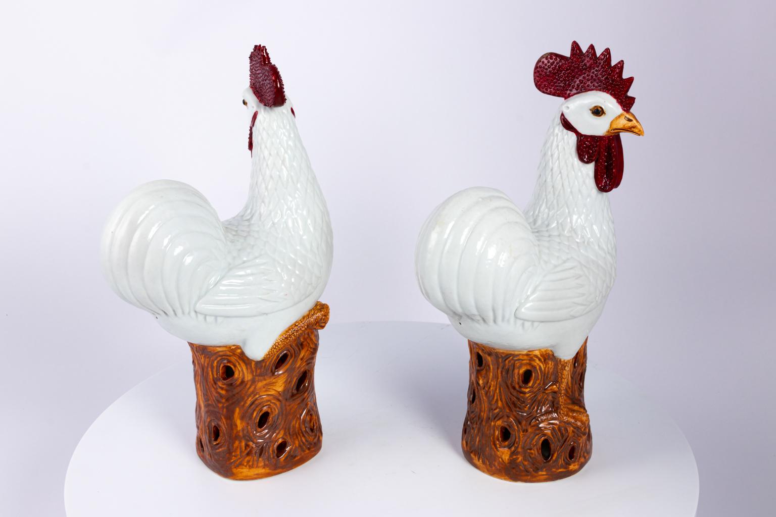 Contemporary Pair of Painted Rooster Statues For Sale