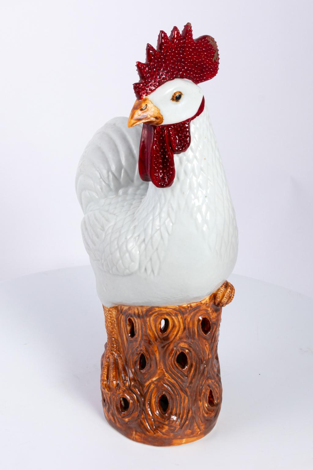 Porcelain Pair of Painted Rooster Statues For Sale