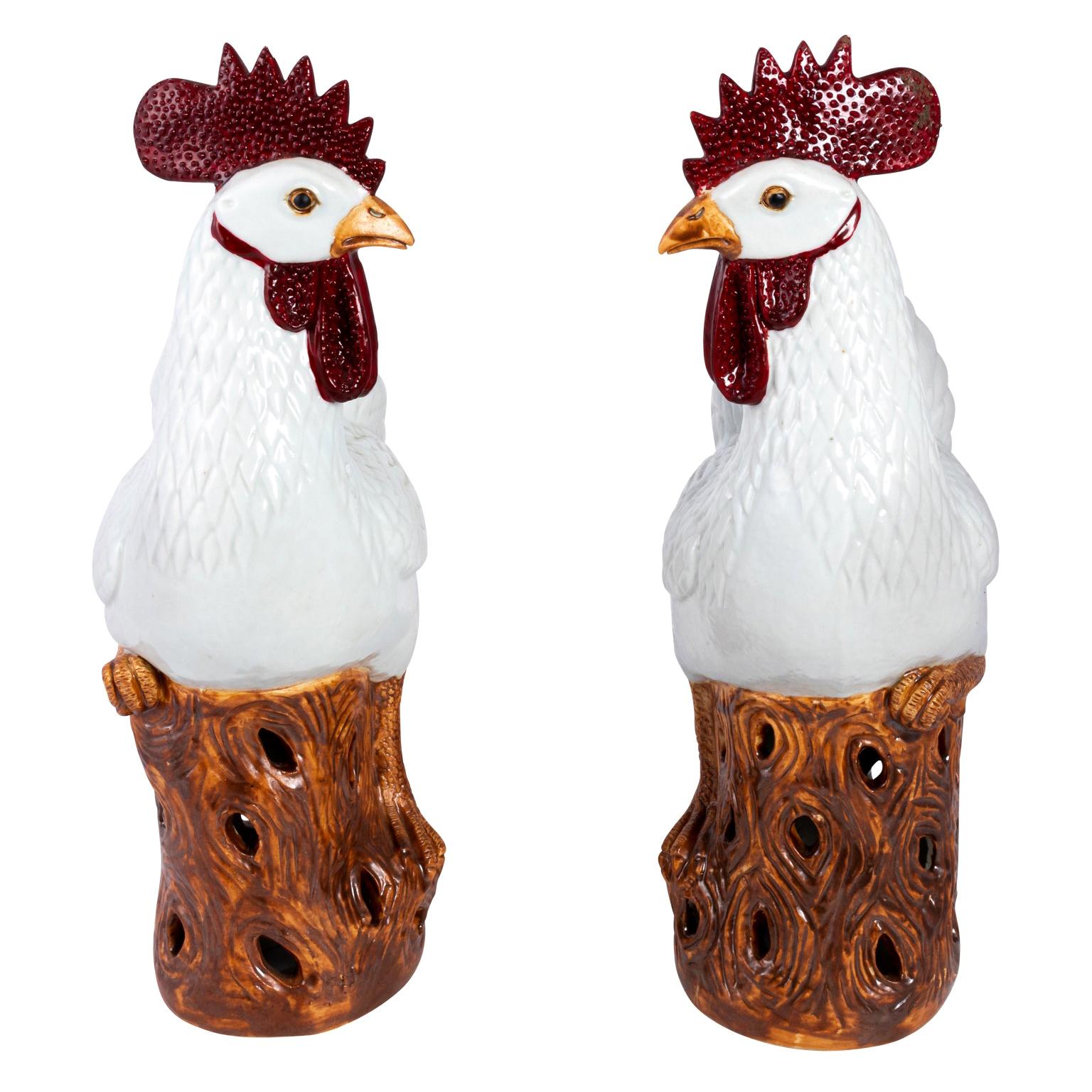 Pair of Painted Rooster Statues For Sale