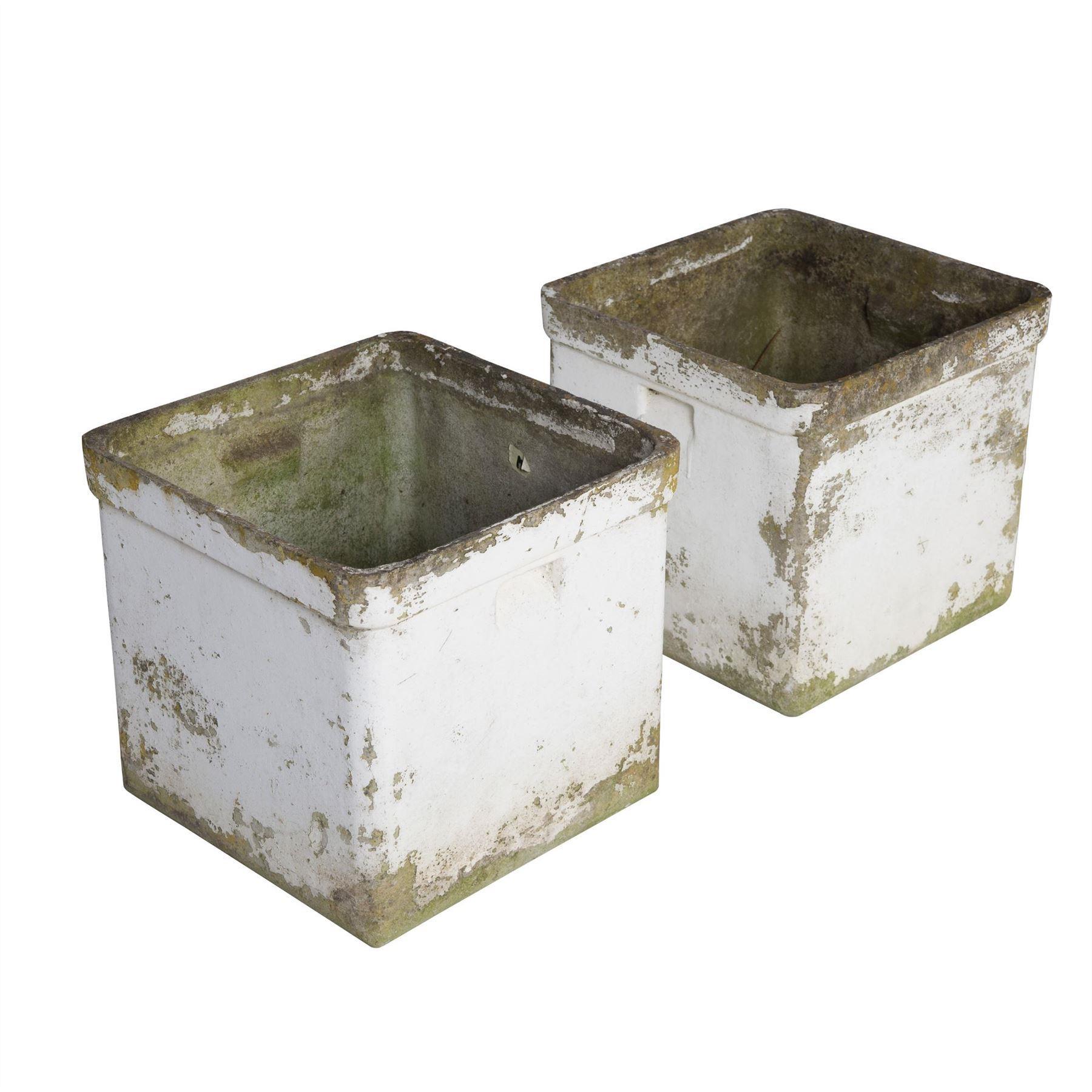 Pair of square painted fibre cement planters with handles in the style of Willy Guhl.