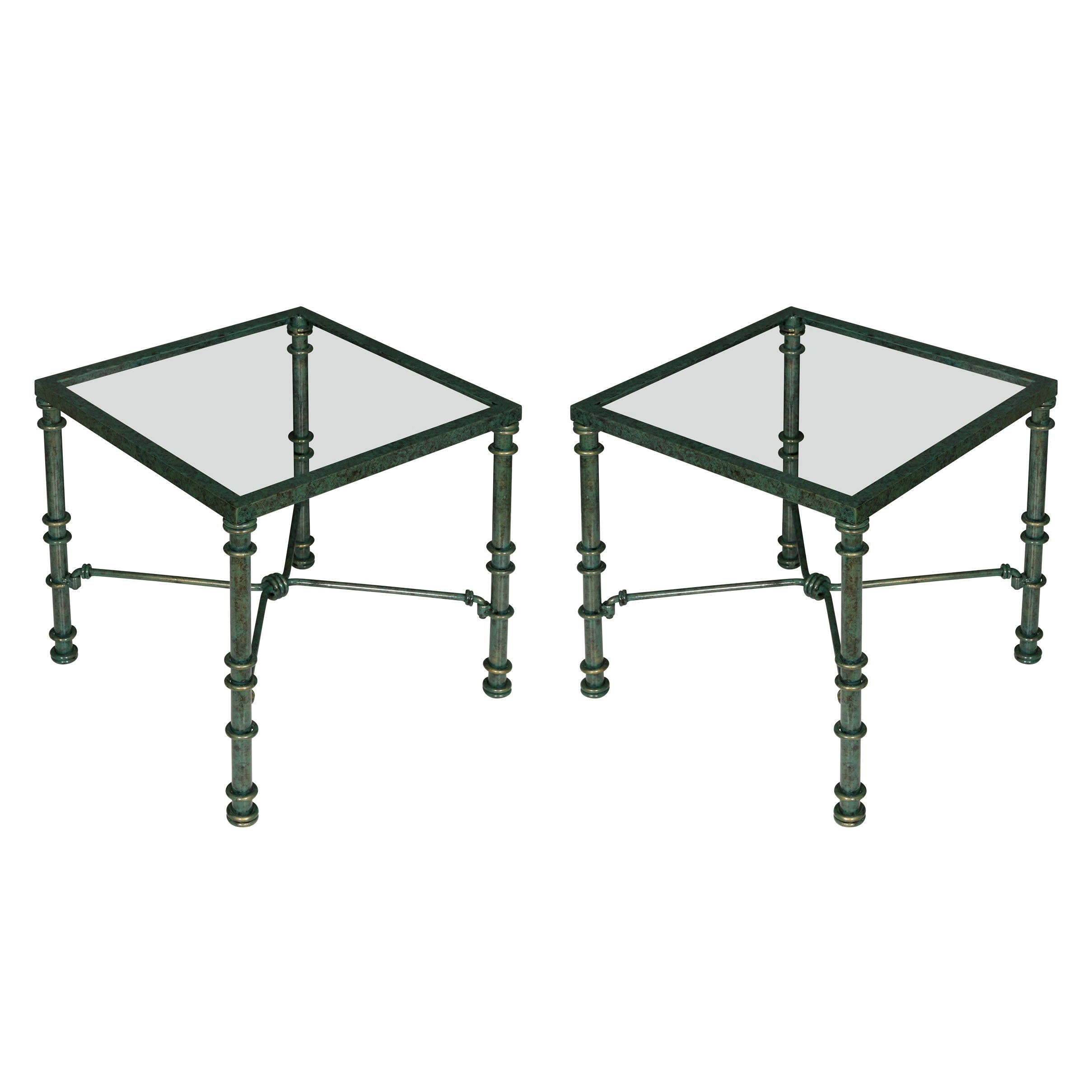 Pair of Painted Square Verdigris Glass Top Tables