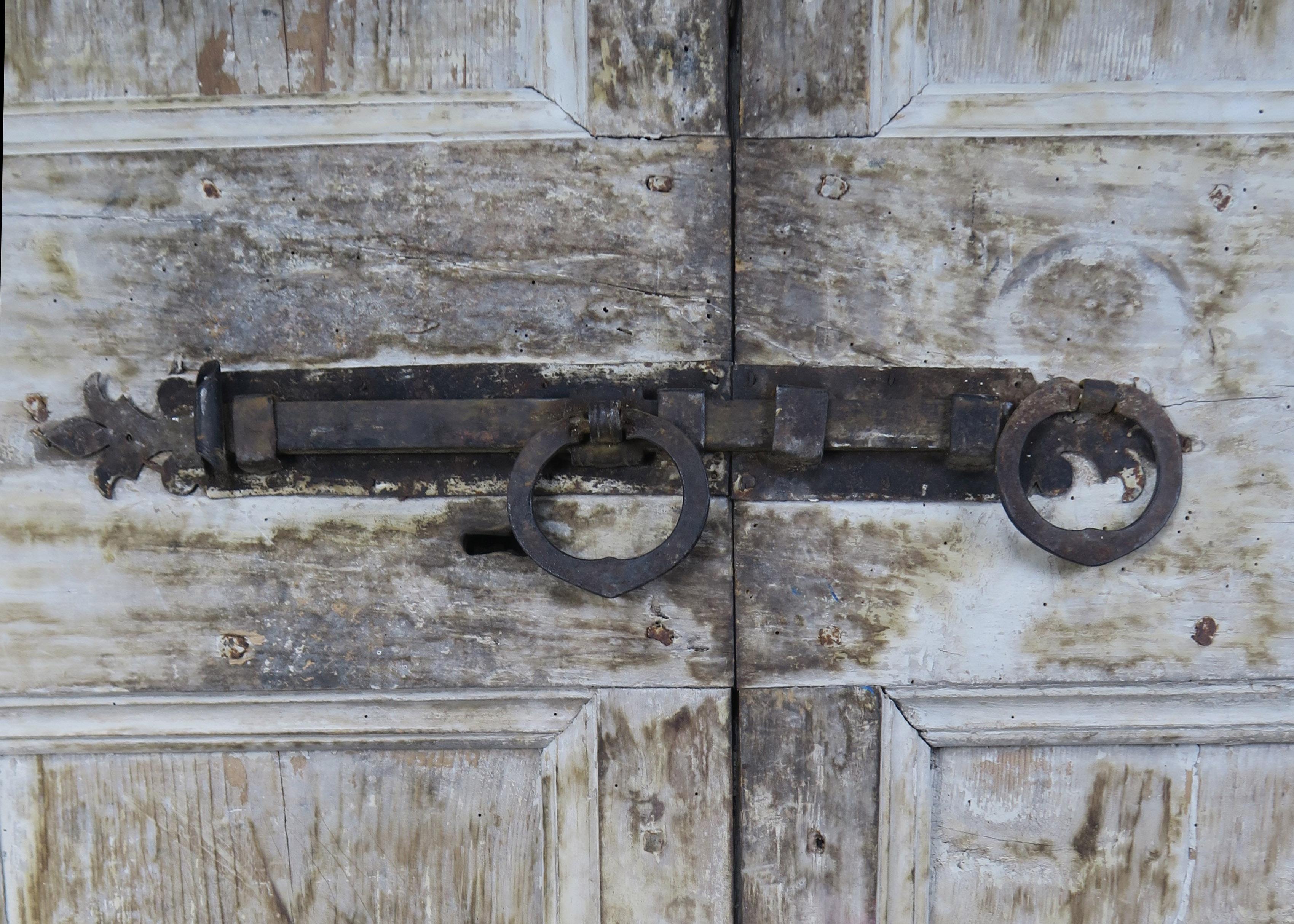 Pair of Painted Swedish Doors with Original Iron Hardware In Distressed Condition In Los Angeles, CA