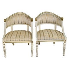 Antique Pair of Painted Swedish Gustavian-Style Gondola Armchairs with Upholstery