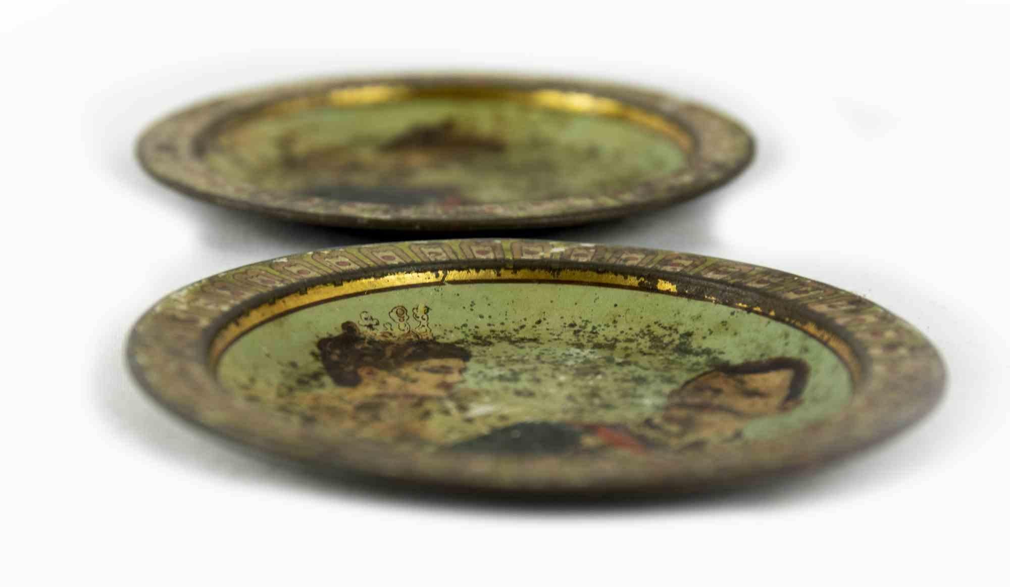 Italian Pair of Painted Tin Coasters, Italy, Early 20th Century For Sale