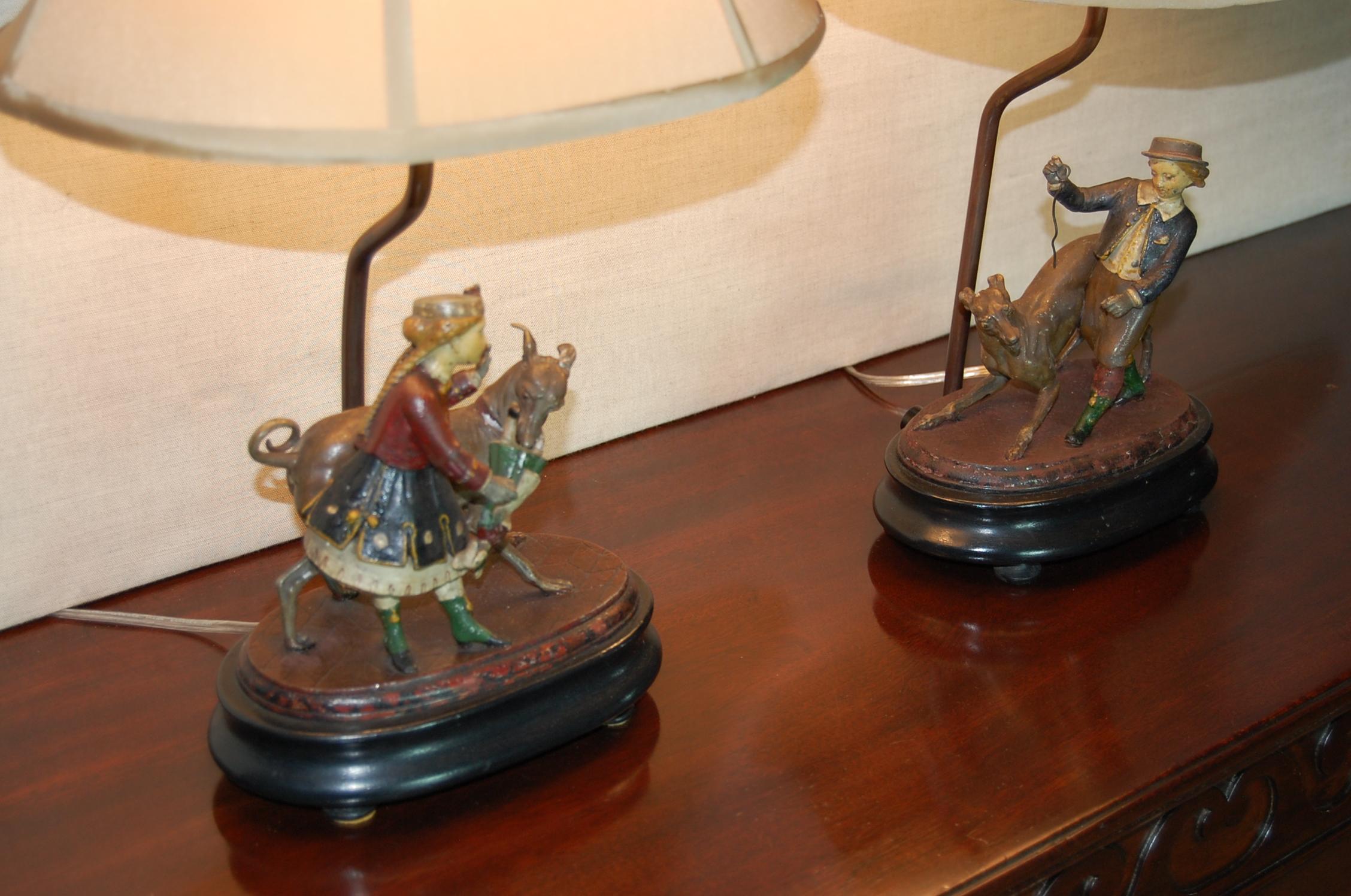 German Pair of Painted Tin Figures of Children Mounted as Lamps For Sale