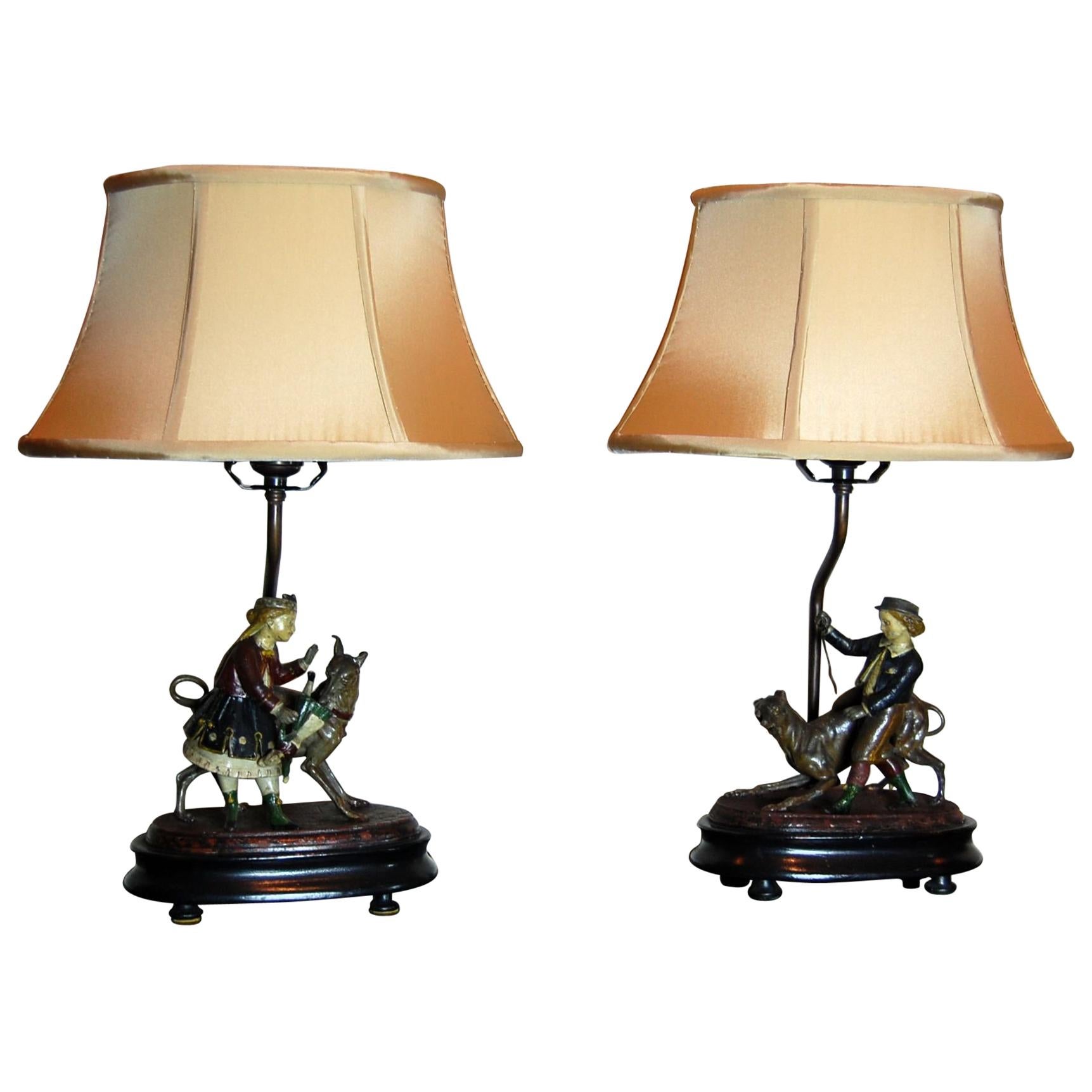 Pair of Painted Tin Figures of Children Mounted as Lamps For Sale
