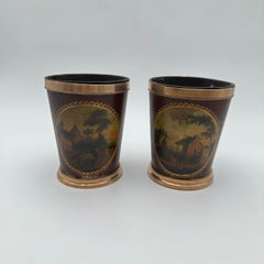 Pair of Painted Tole and Brass Cache-Pots Bucolic Landscapes, 19th Century