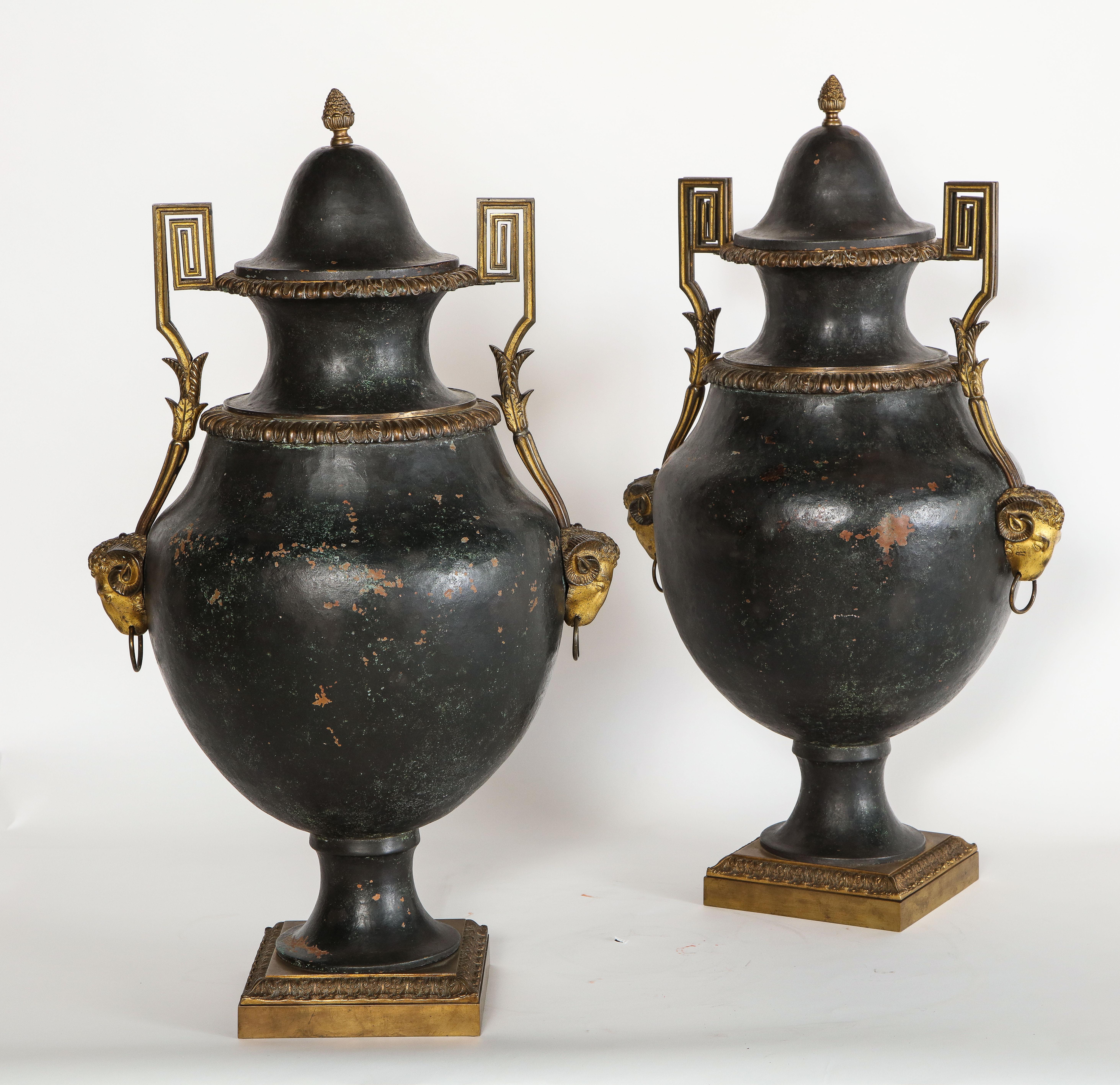 French Pair of Painted Tole and Dore Bronze Mounted Neoclassical Style Covered Vases For Sale
