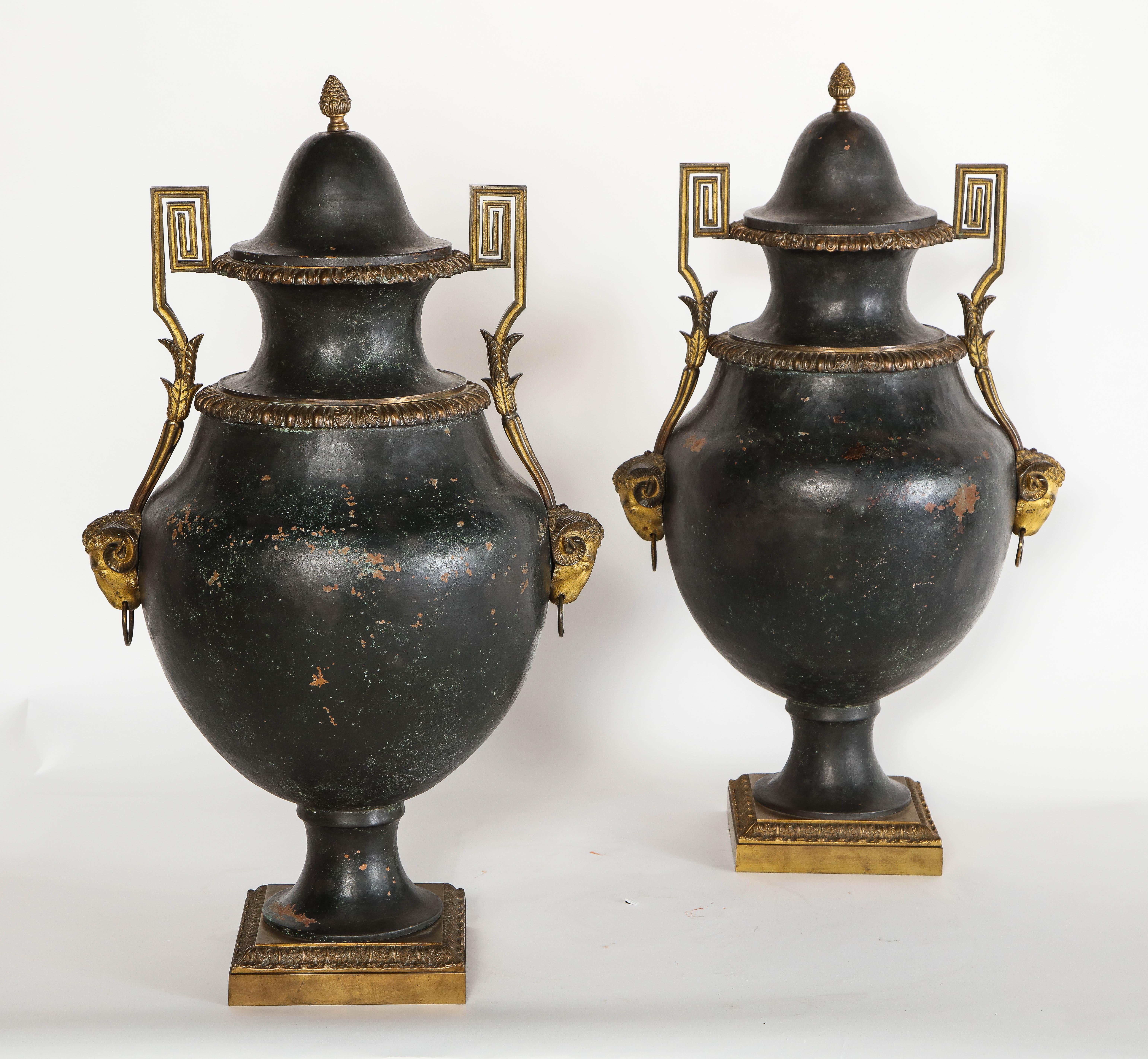 Pair of Painted Tole and Dore Bronze Mounted Neoclassical Style Covered Vases In Good Condition For Sale In New York, NY