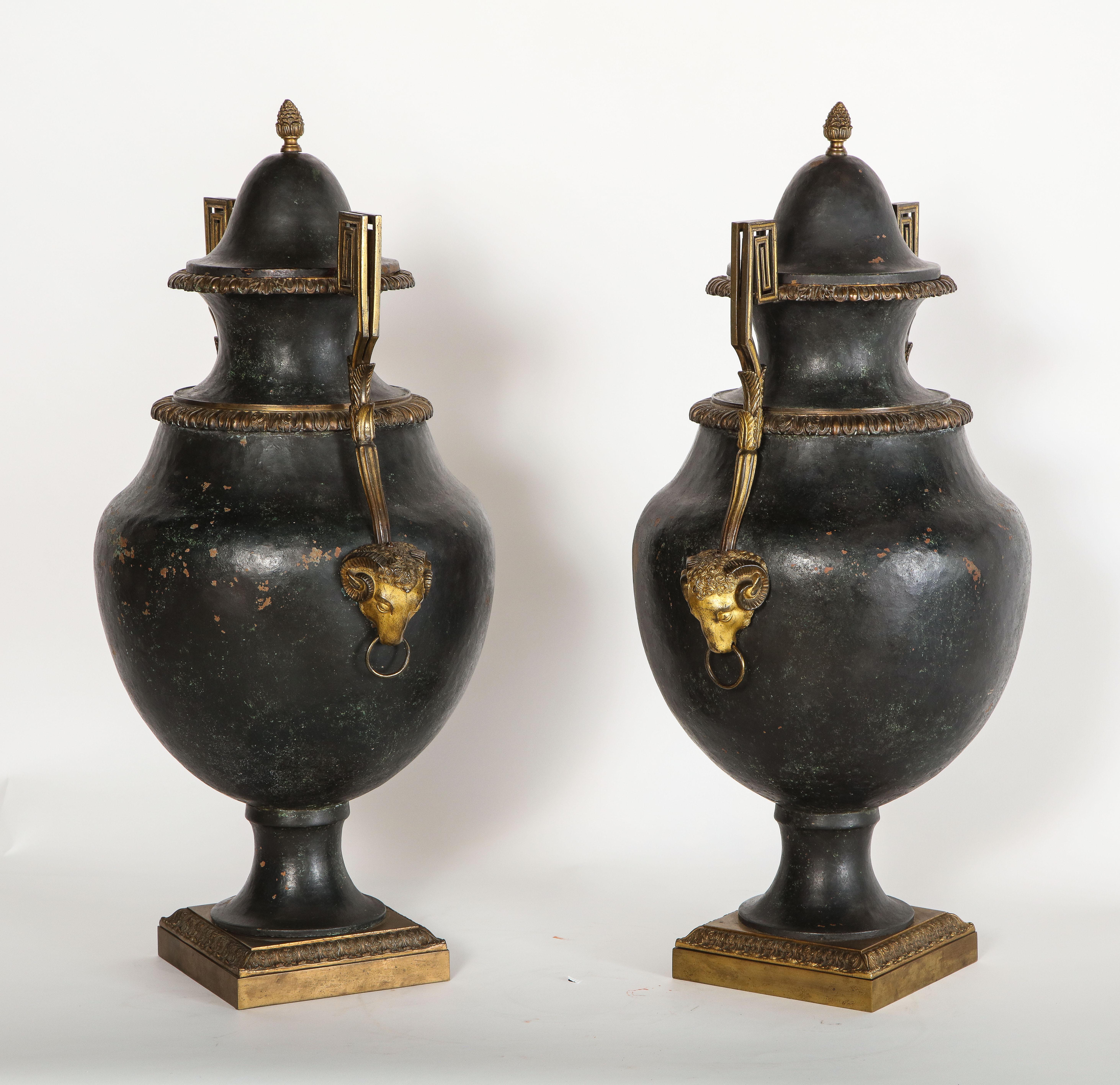Pair of Painted Tole and Dore Bronze Mounted Neoclassical Style Covered Vases In Good Condition For Sale In New York, NY