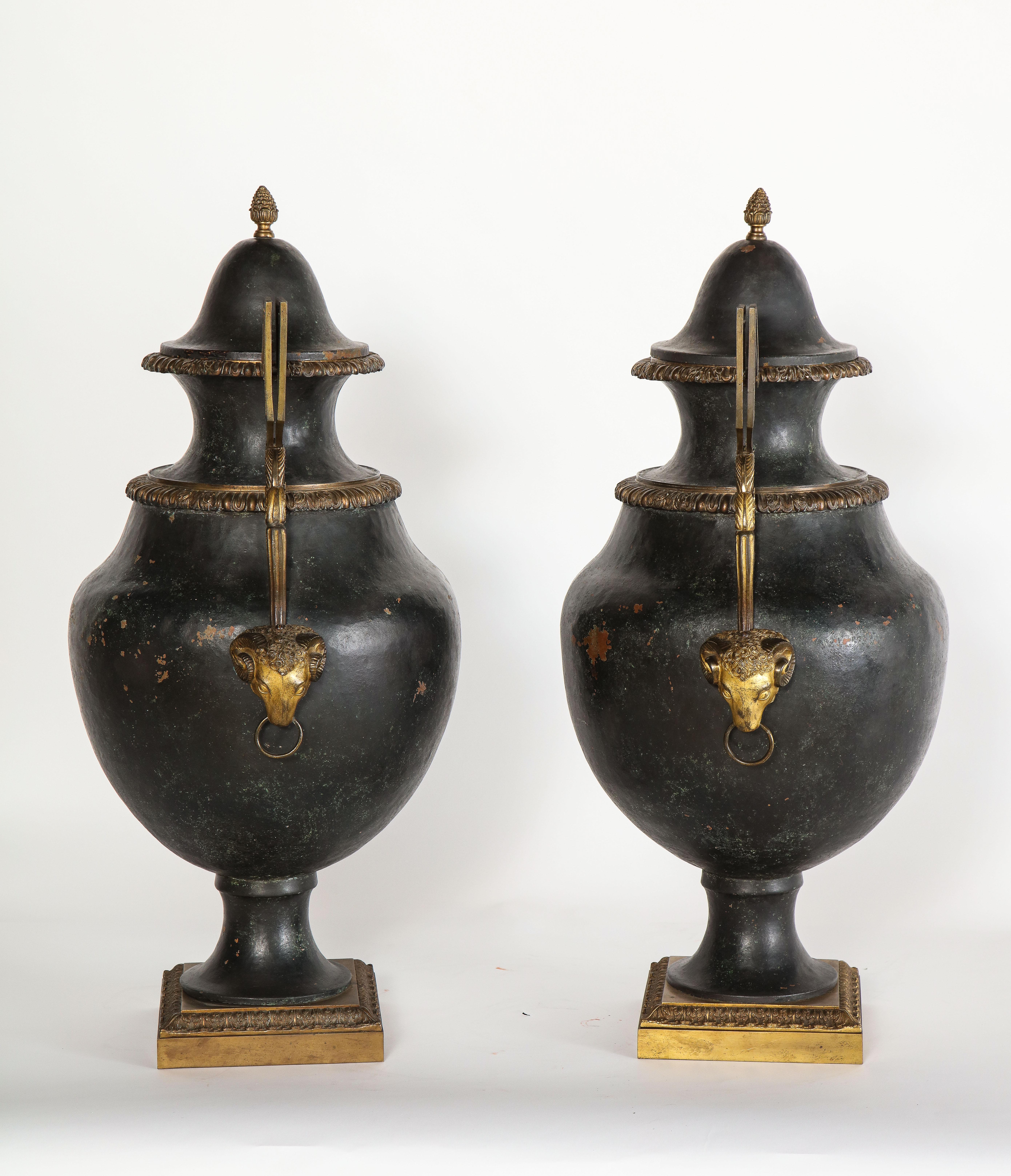 Pair of Painted Tole and Dore Bronze Mounted Neoclassical Style Covered Vases For Sale 1