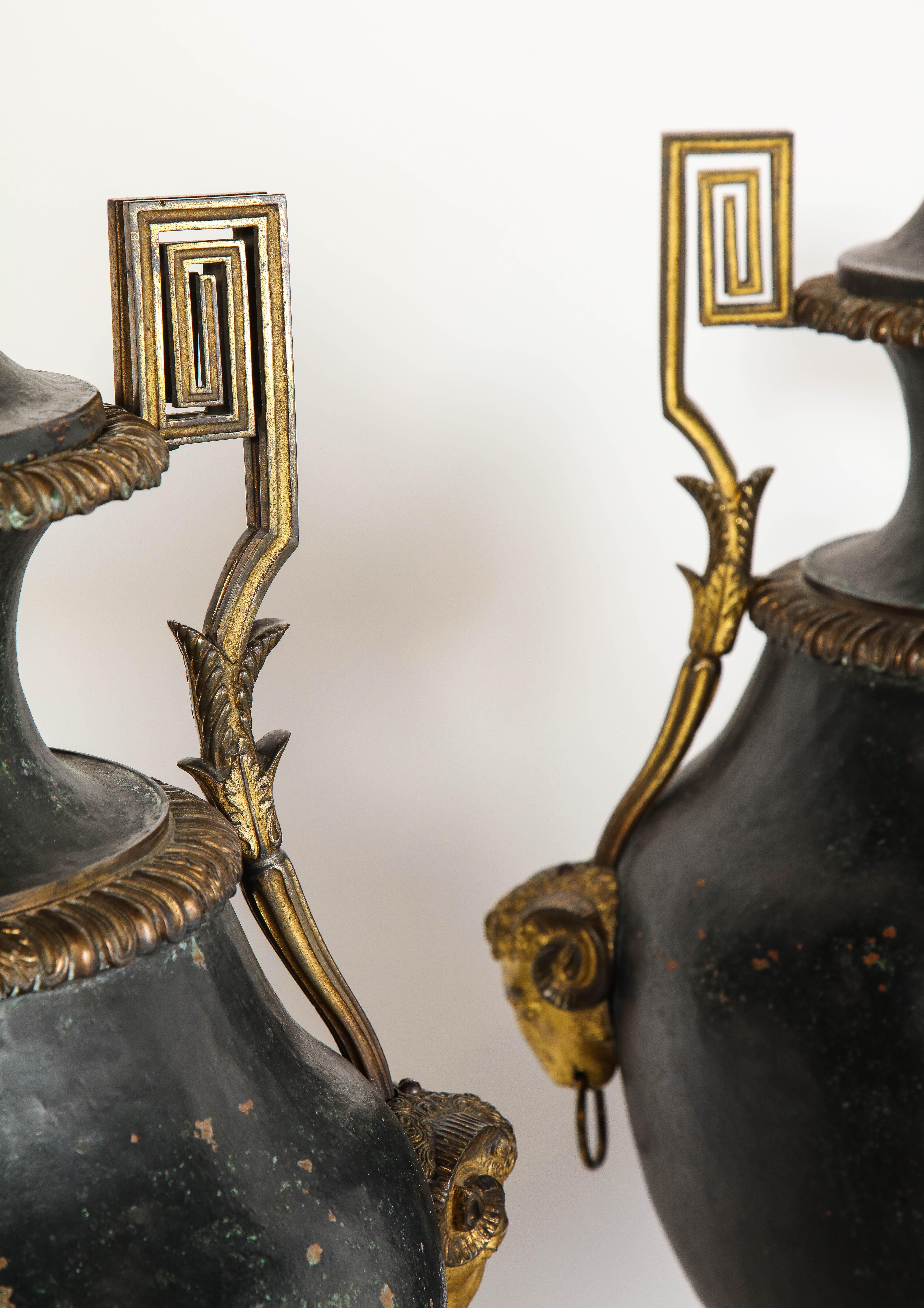 Pair of Painted Tole and Dore Bronze Mounted Neoclassical Style Covered Vases For Sale 2