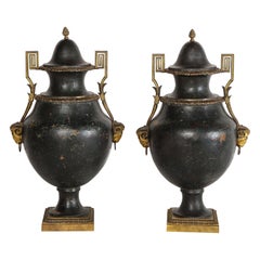 Antique Pair of Painted Tole and Dore Bronze Mounted Neoclassical Style Covered Vases