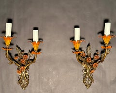 Pair Of Painted Tole Floral Wall Sconces
