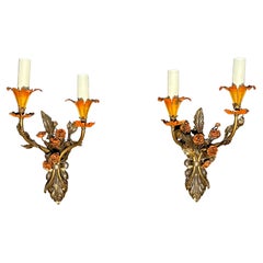 Pareja De Apliques Florales De Tole Pintados