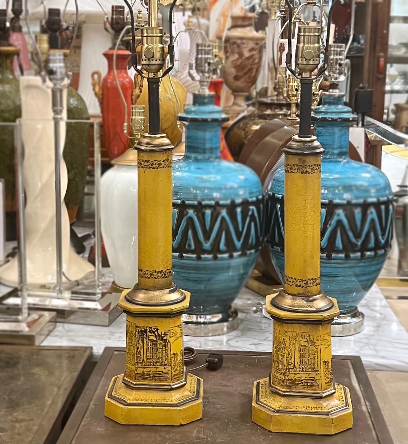 Metal Pair of Painted Tole Lamps For Sale