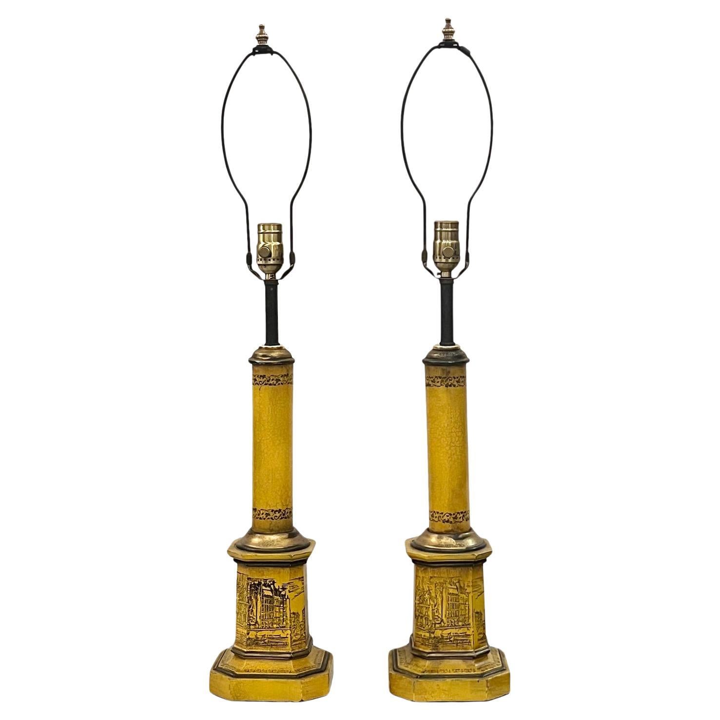 Pair of Painted Tole Lamps For Sale