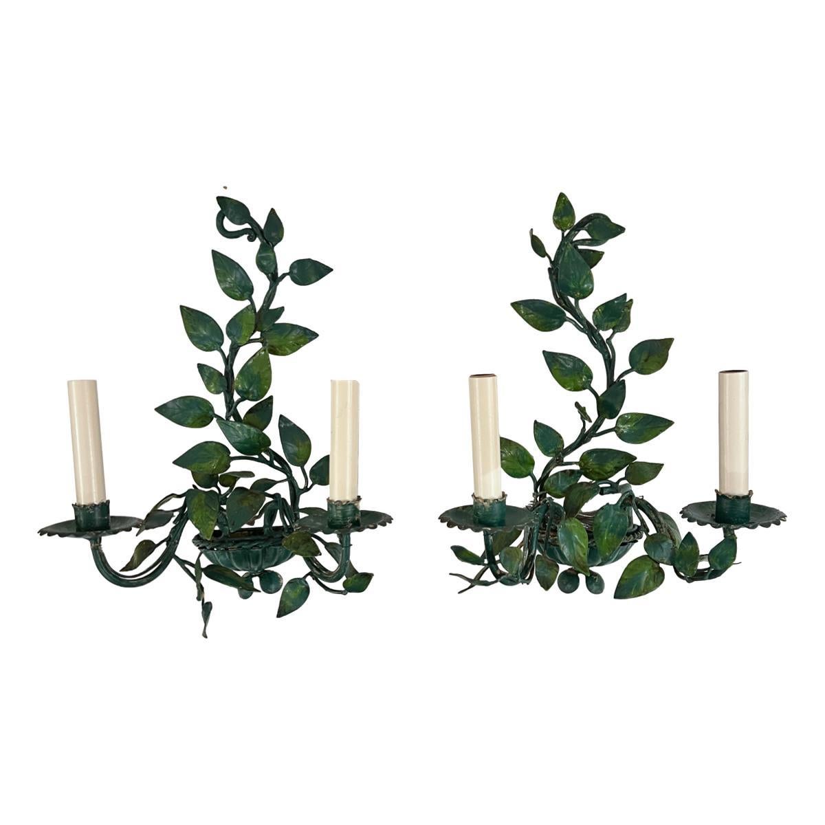 Italian Pair of Painted Tole Sconces For Sale